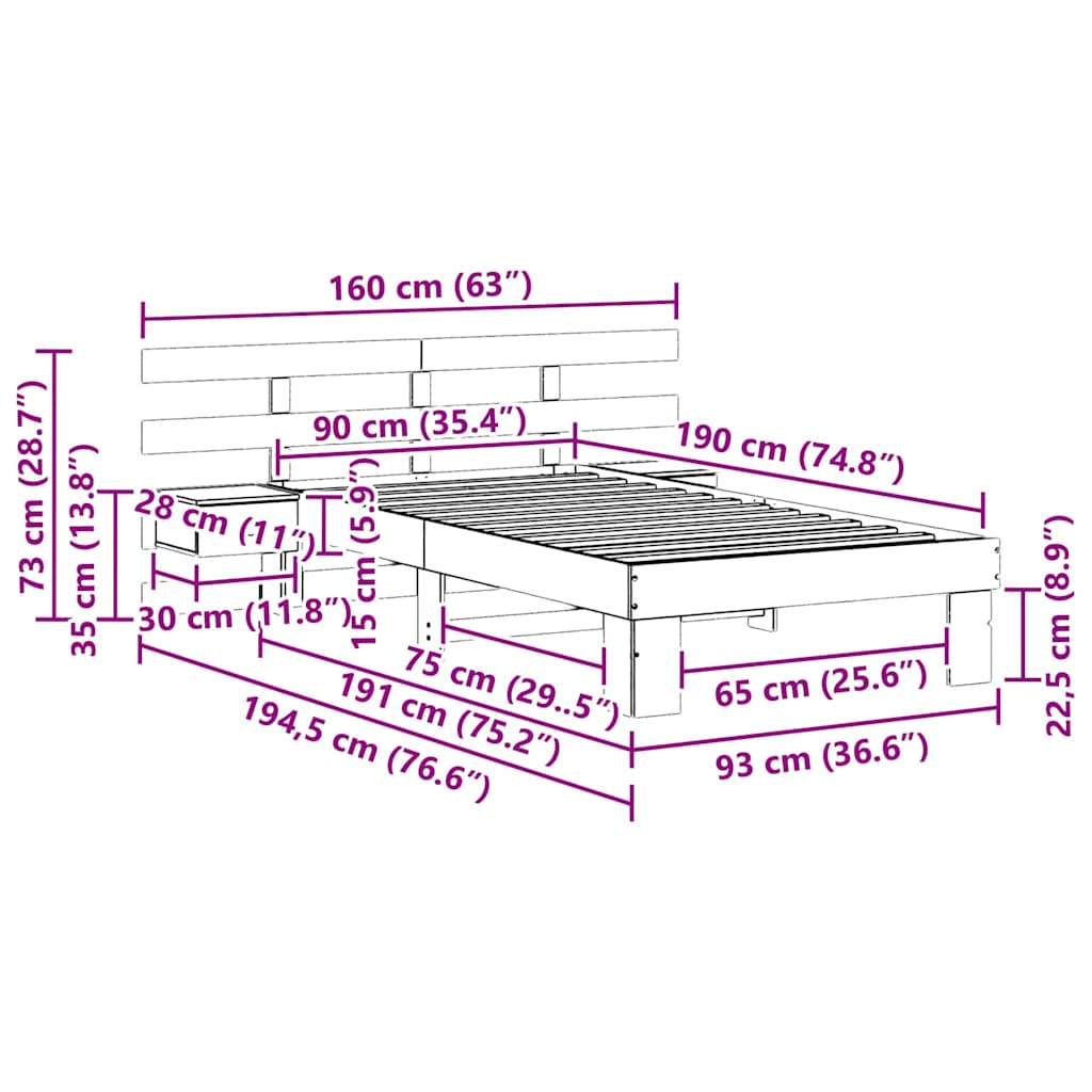 Cadre de lit Marron cire 90 x 190 cm Bois massif en pin - XIOS