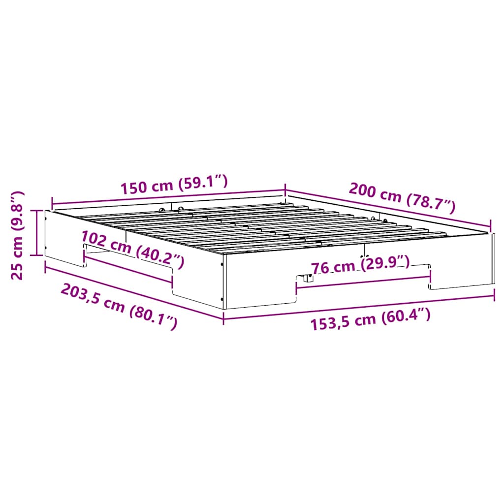Cadre de lit surélevé Marron 150 x 200 cm Bois massif en pin - XIOS