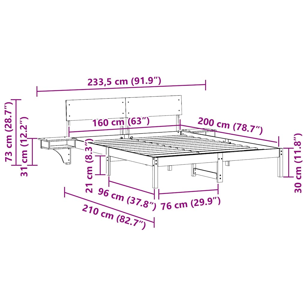 Cadre de lit avec tables de chevet Blanc Bois massif en pin - XIOS