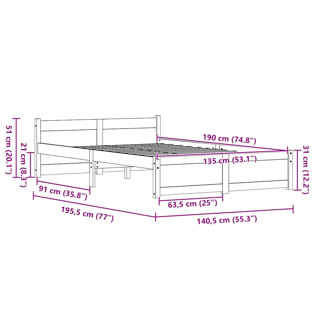 Cadre de lit Marron cire 135 x 190 cm Bois massif en pin - XIOS