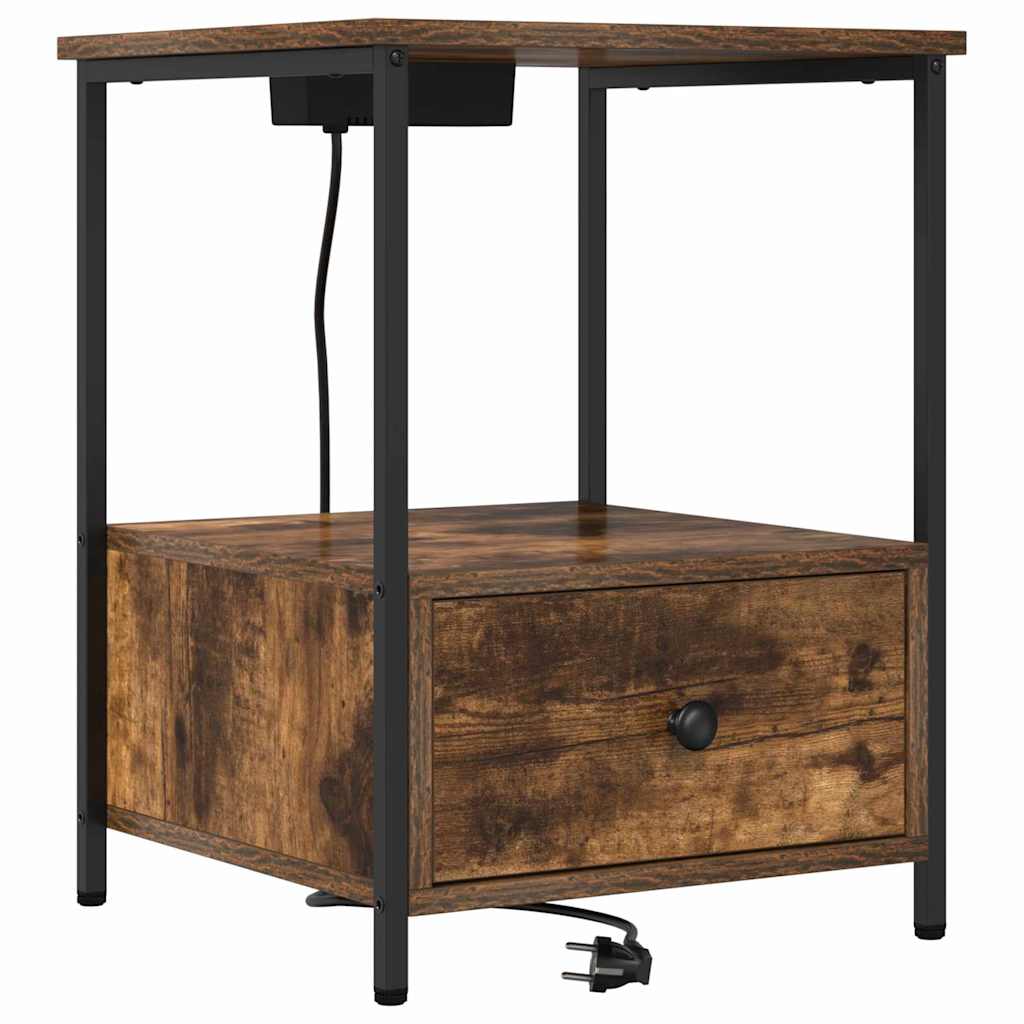 Table de nuit avec station de chargement avec tiroir Chêne fumé