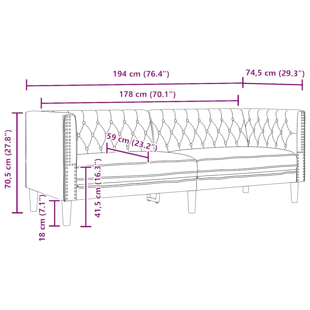 Canapé Chesterfield Argyle Noir 194 x 74.5 x 70.5 cm Faux cuir - XIOS