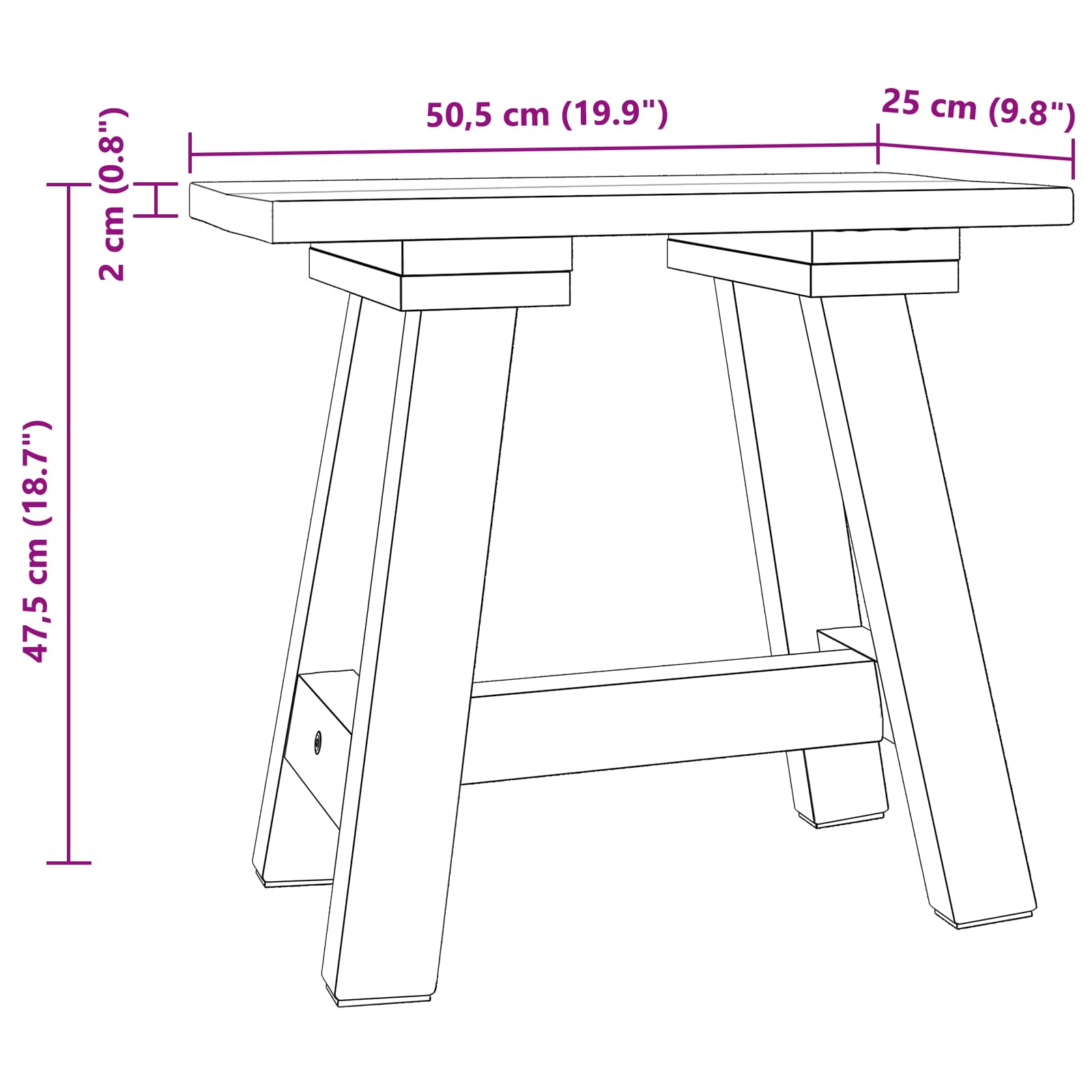 banc Naturel 50,5 x 25 x 47,5 cm Bois massif d'acajou - XIOS