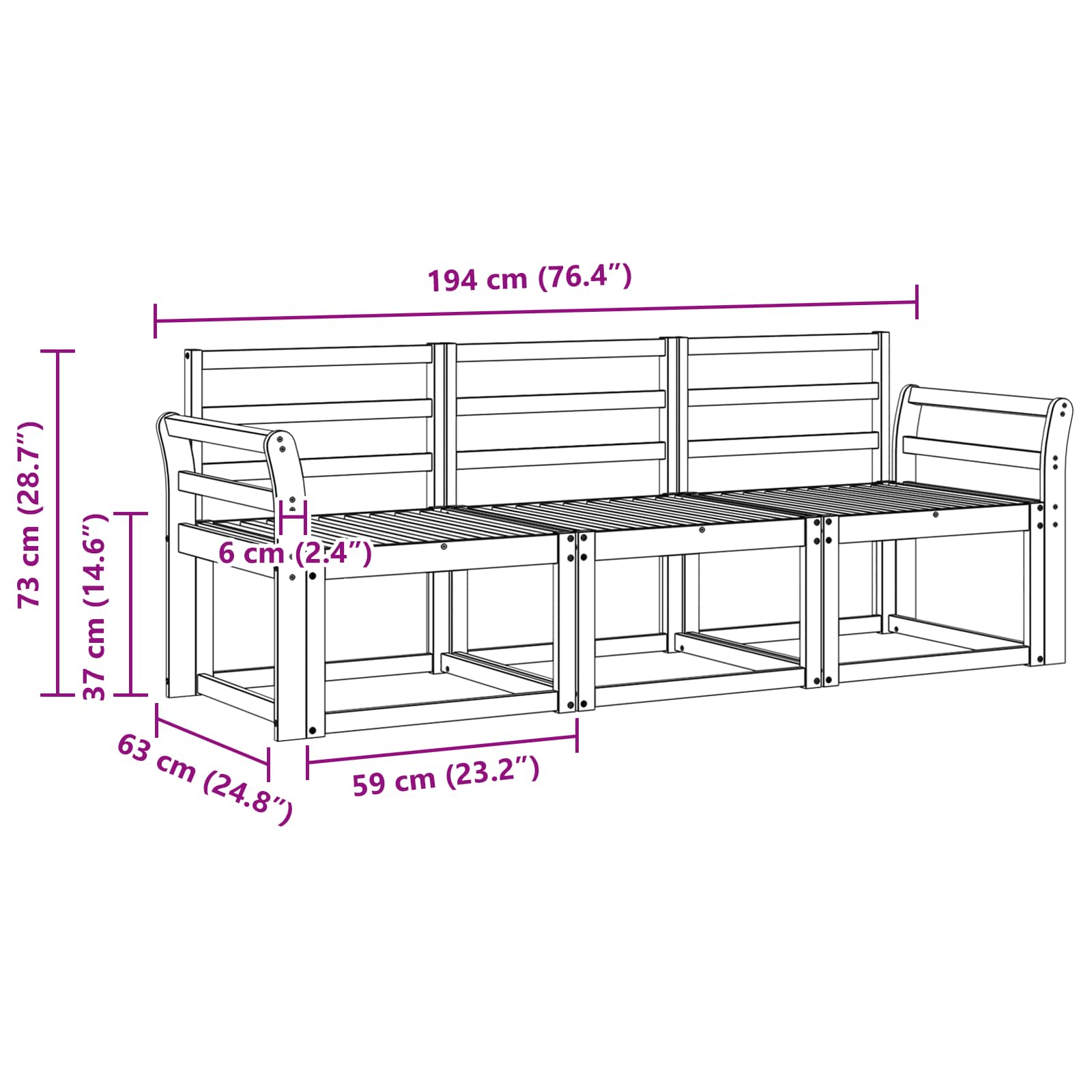 Ensemble de canapés d'extérieur 3 pcs Blanc 194 x 63 x 73 cm
