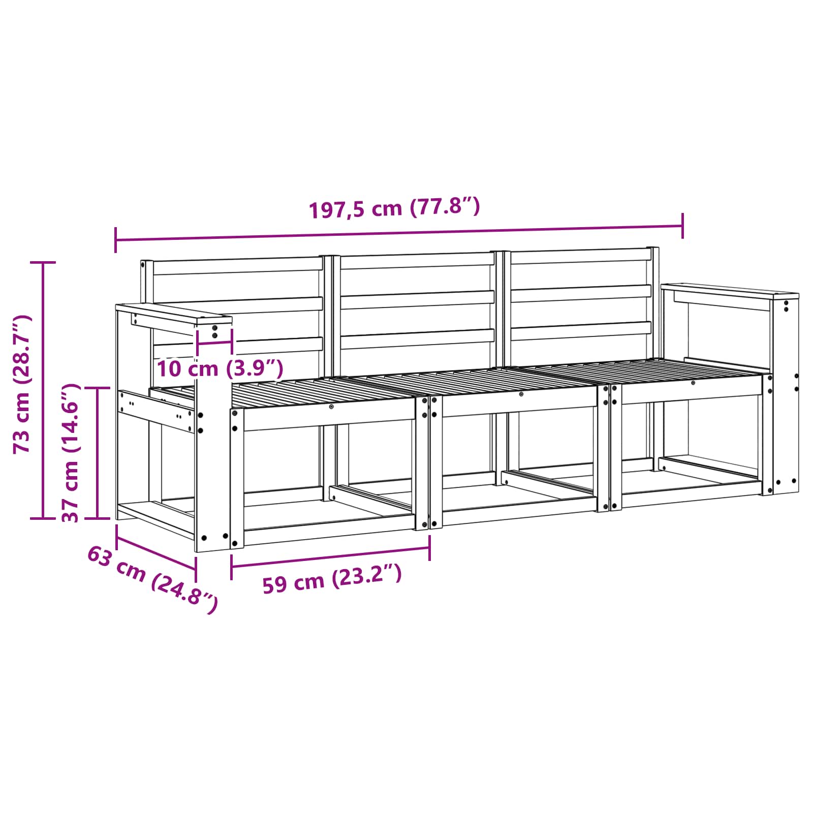 Ensemble de canapés d'extérieur 3 pcs Blanc 197,5 x 63 x 73 cm