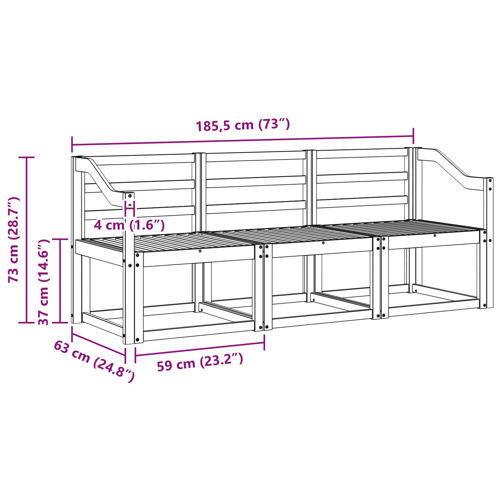 Ensemble de canapés d'extérieur 3 pcs Blanc 185,5 x 63 x 73 cm