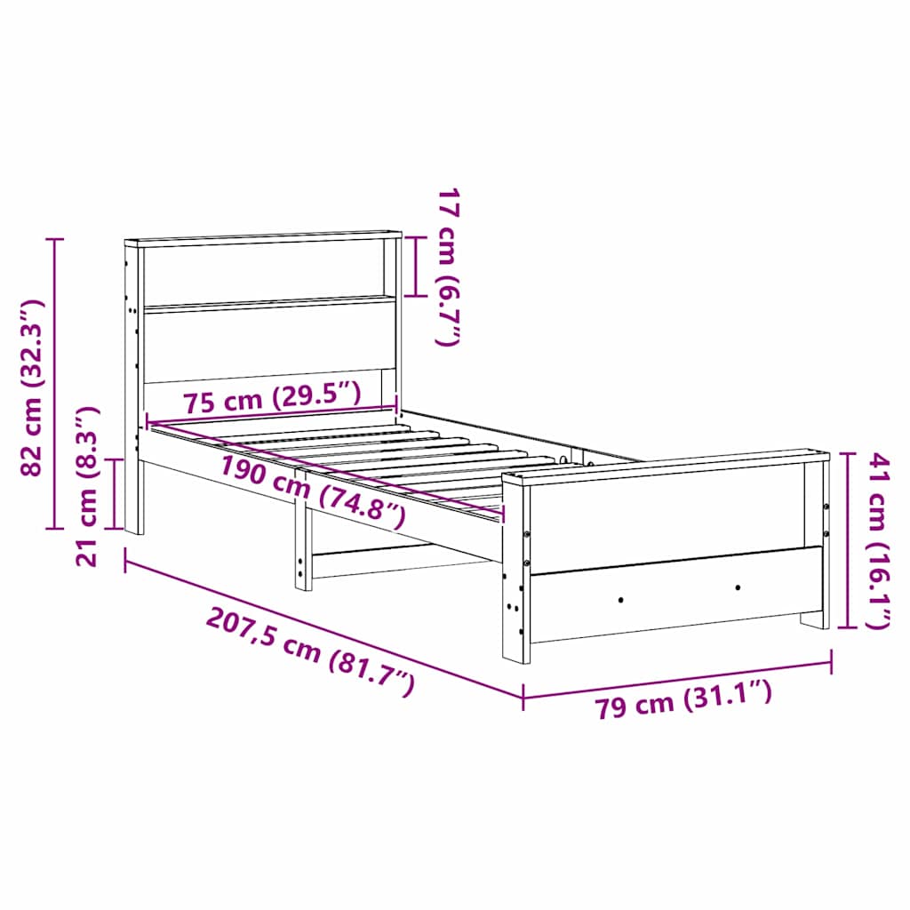 Cadre de lit Marron cire 75 x 190 cm Bois massif en pin - XIOS