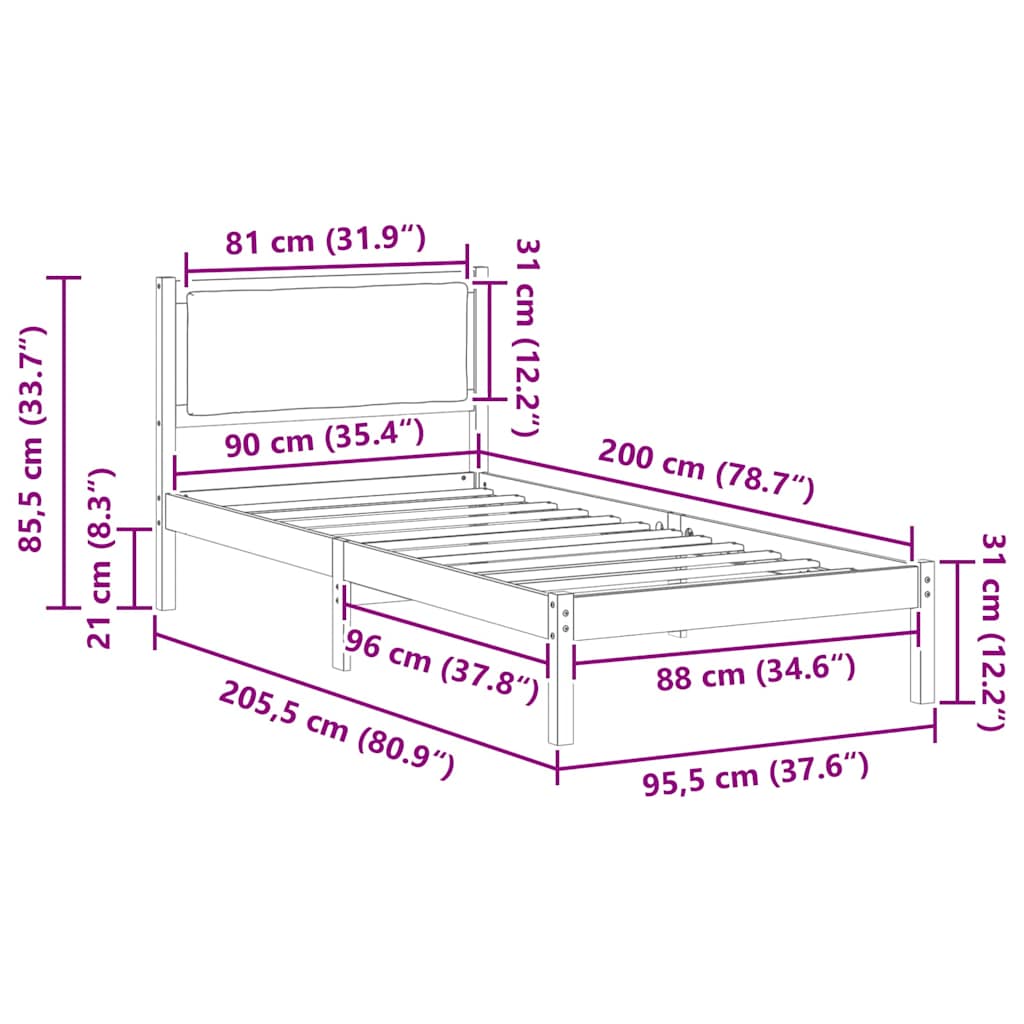 Cadre de lit avec tête de lit Gris foncé 90 x 200 cm Pin massif - XIOS