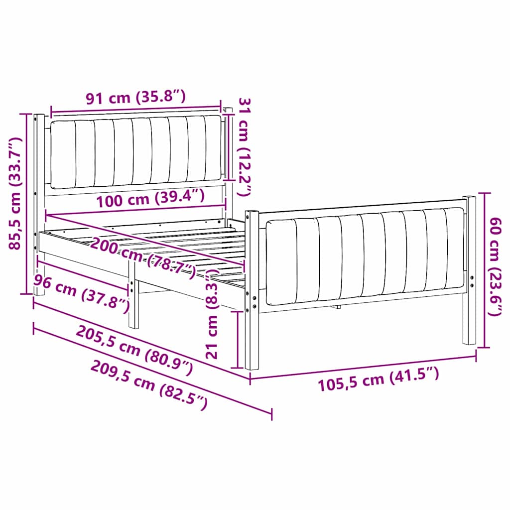 Cadre de lit Marron et noir 100 x 200 cm Bois massif en pin - XIOS