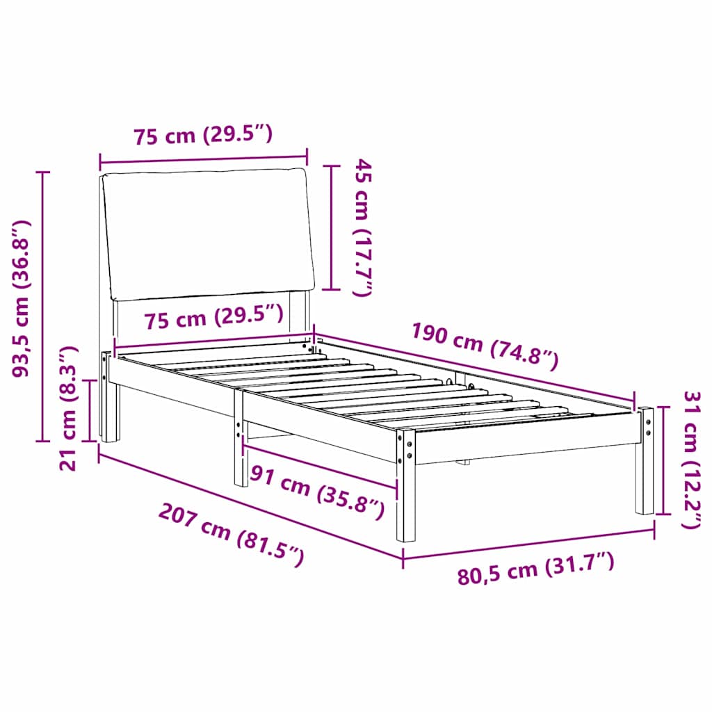 Cadre de lit Marron et taupe 75 x 190 cm Bois massif en pin - XIOS