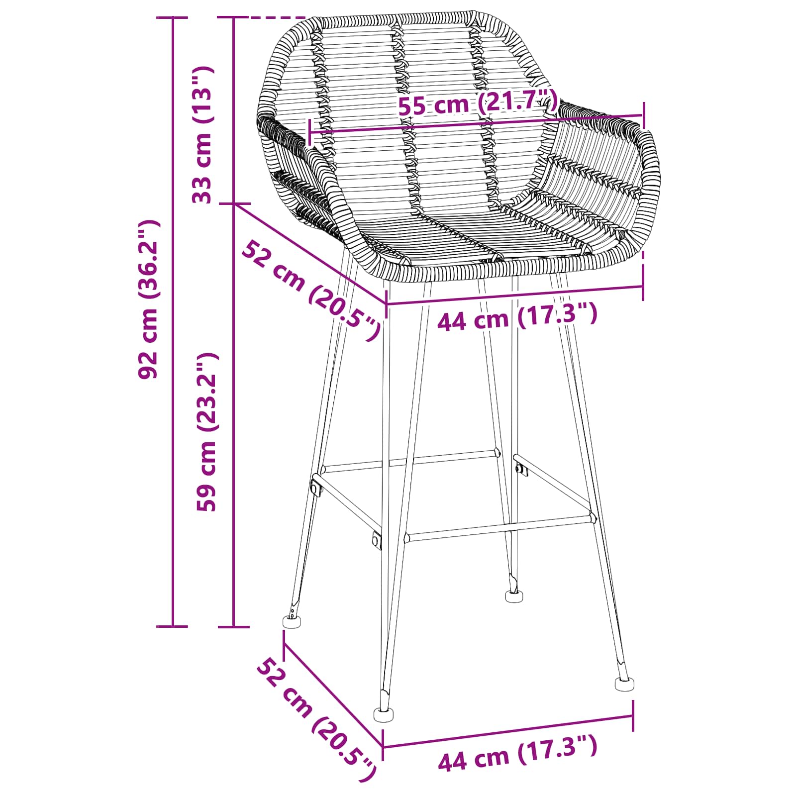 Chaise de bar 2 pcs Noir 55 x 52 x 92 cm Rotin et métal - XIOS