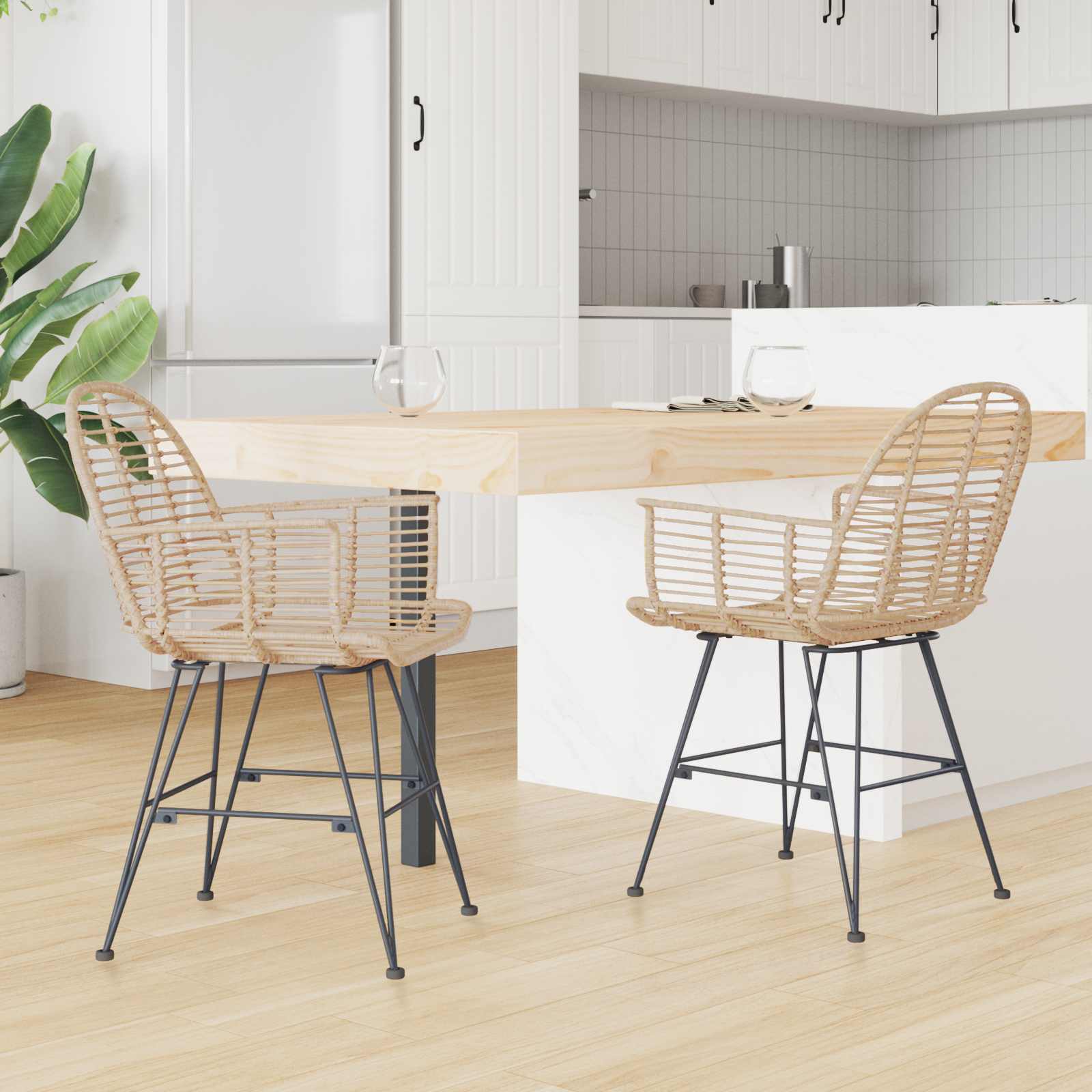Chaise de salle à manger 2 pc Rotin et métal Naturel