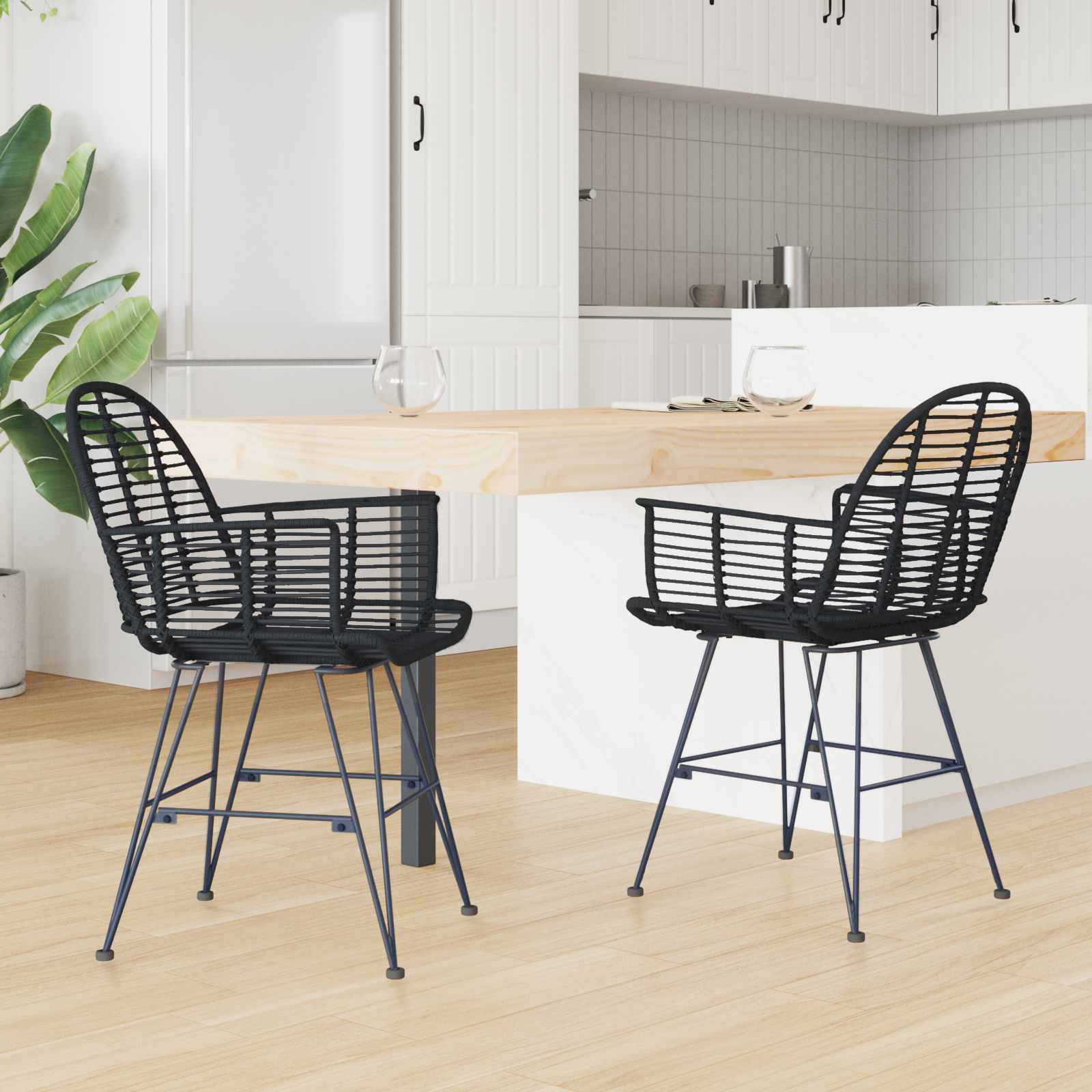 Chaise de salle à manger 2 pc Rotin et métal Noir