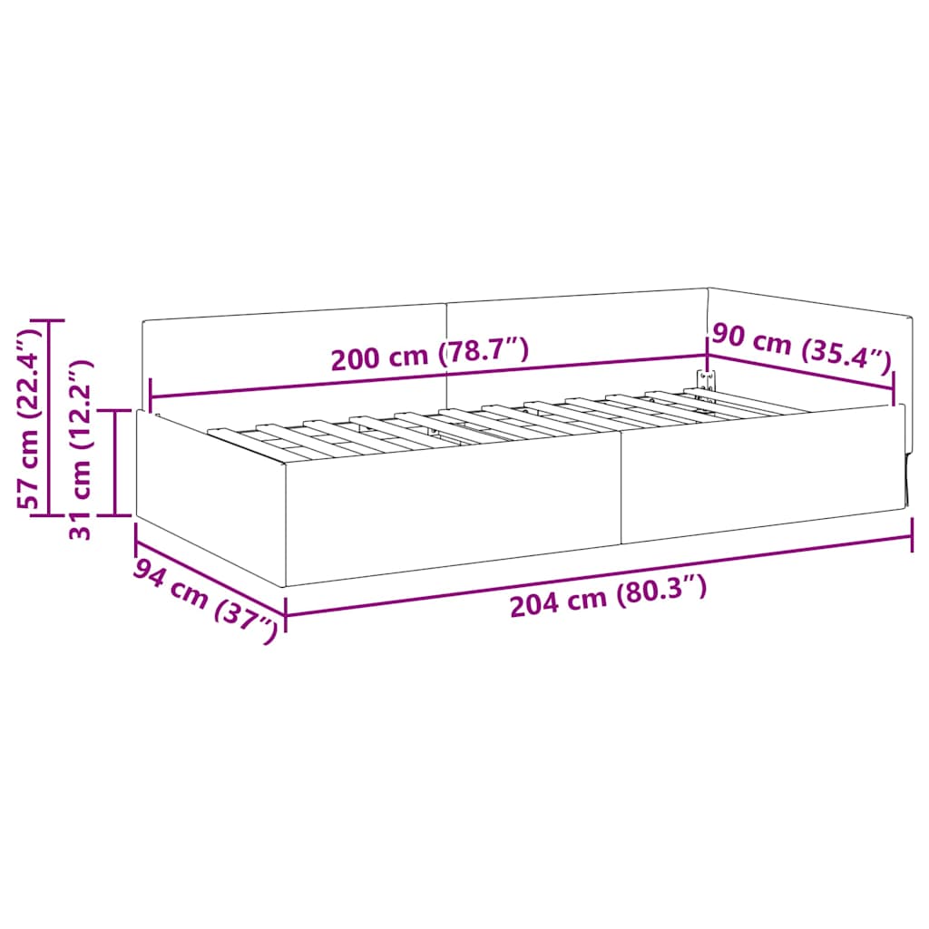 Cadre de lit d'angle Gris clair 90 cm x 200 cm Velours