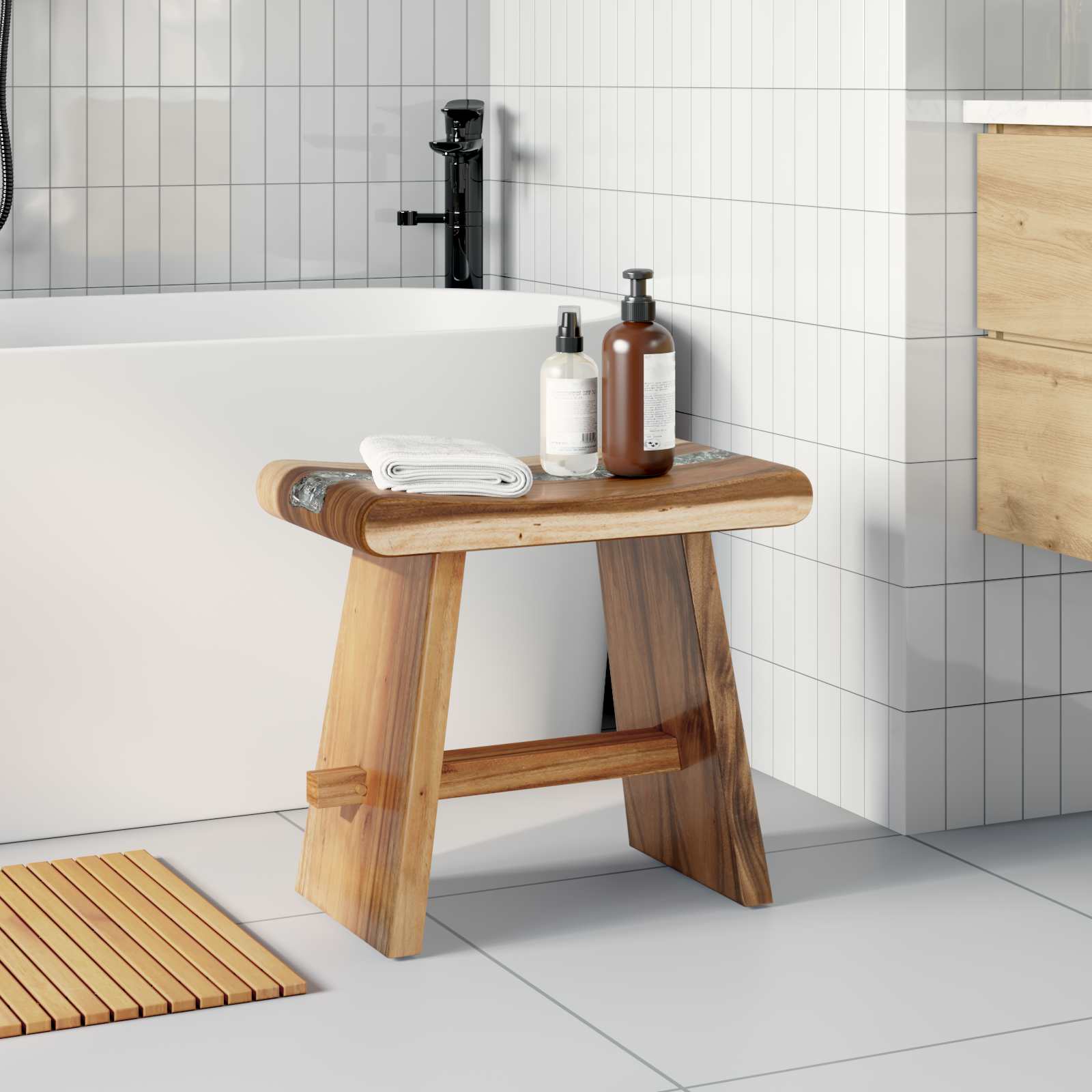 Tabouret de salle de bain Naturel 50 x 30 x 45 cm Bois naturel - XIOS