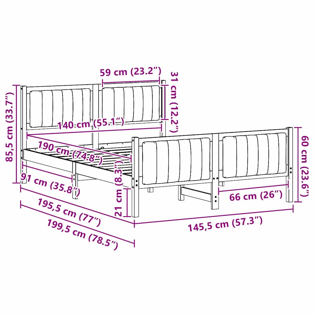 Cadre de lit Marron et noir 140 x 190 cm Bois massif en pin - XIOS