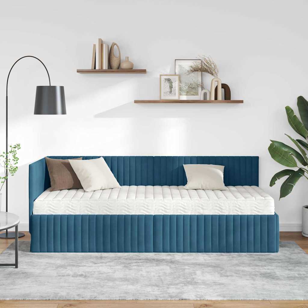 Cadre de lit d'angle avec matelas 2 pc Bleu Velours