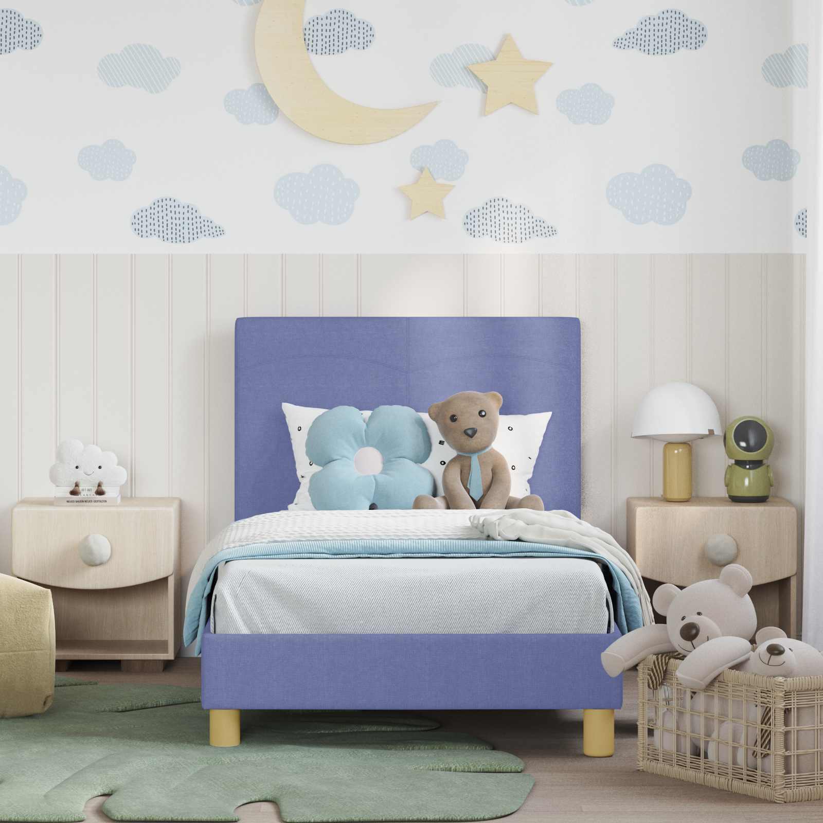 Cadre de lit pour enfants avec tête de lit Bleu denim tissu - XIOS