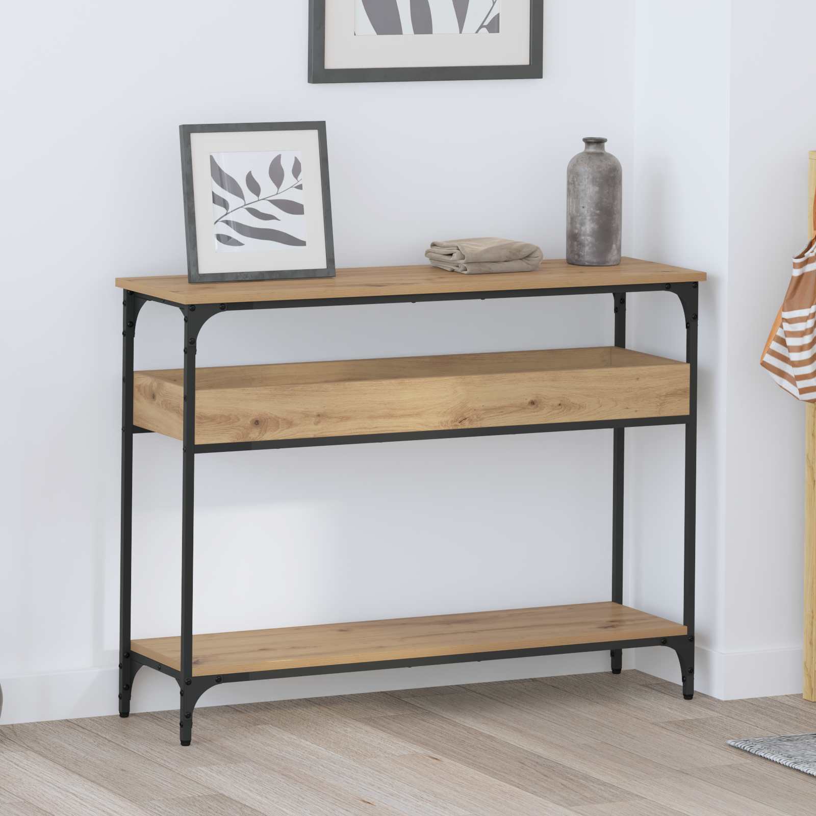 Table console avec étagère chêne artisanal 100 x 29 x 75 cm - XIOS