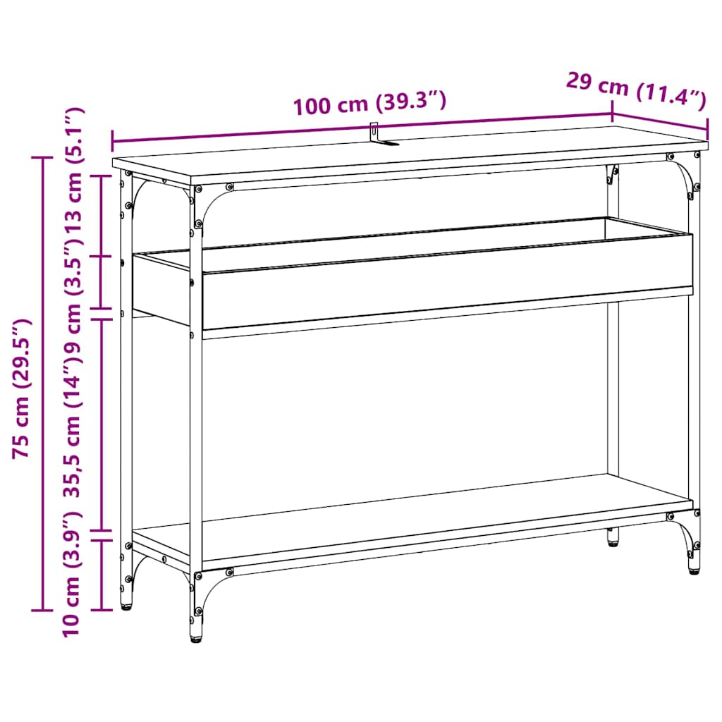 Table console avec étagère chêne artisanal 100 x 29 x 75 cm - XIOS