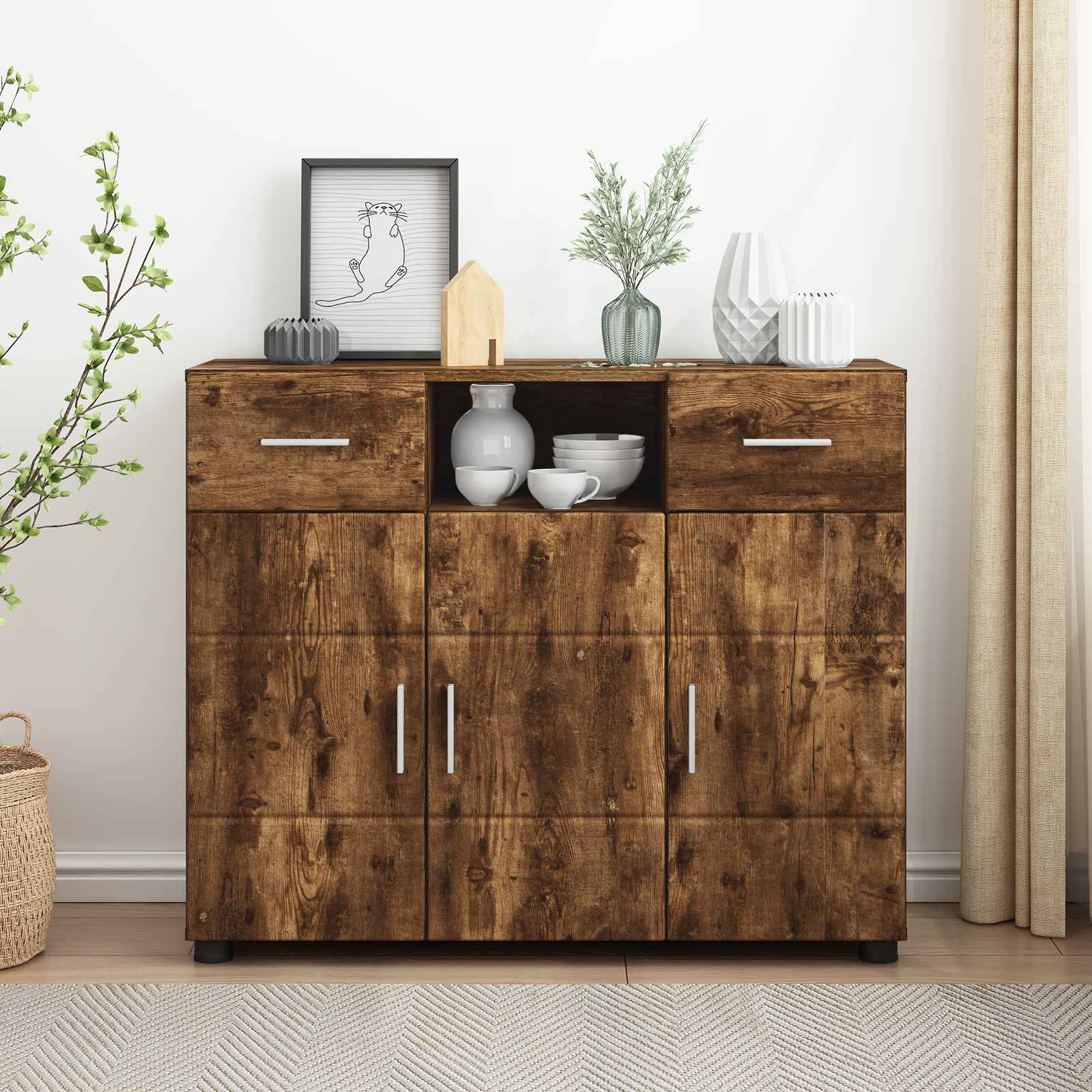 Cabinet en Bois avec tiroir Chêne fumé 88,5 x 30,5 x 73 cm - XIOS