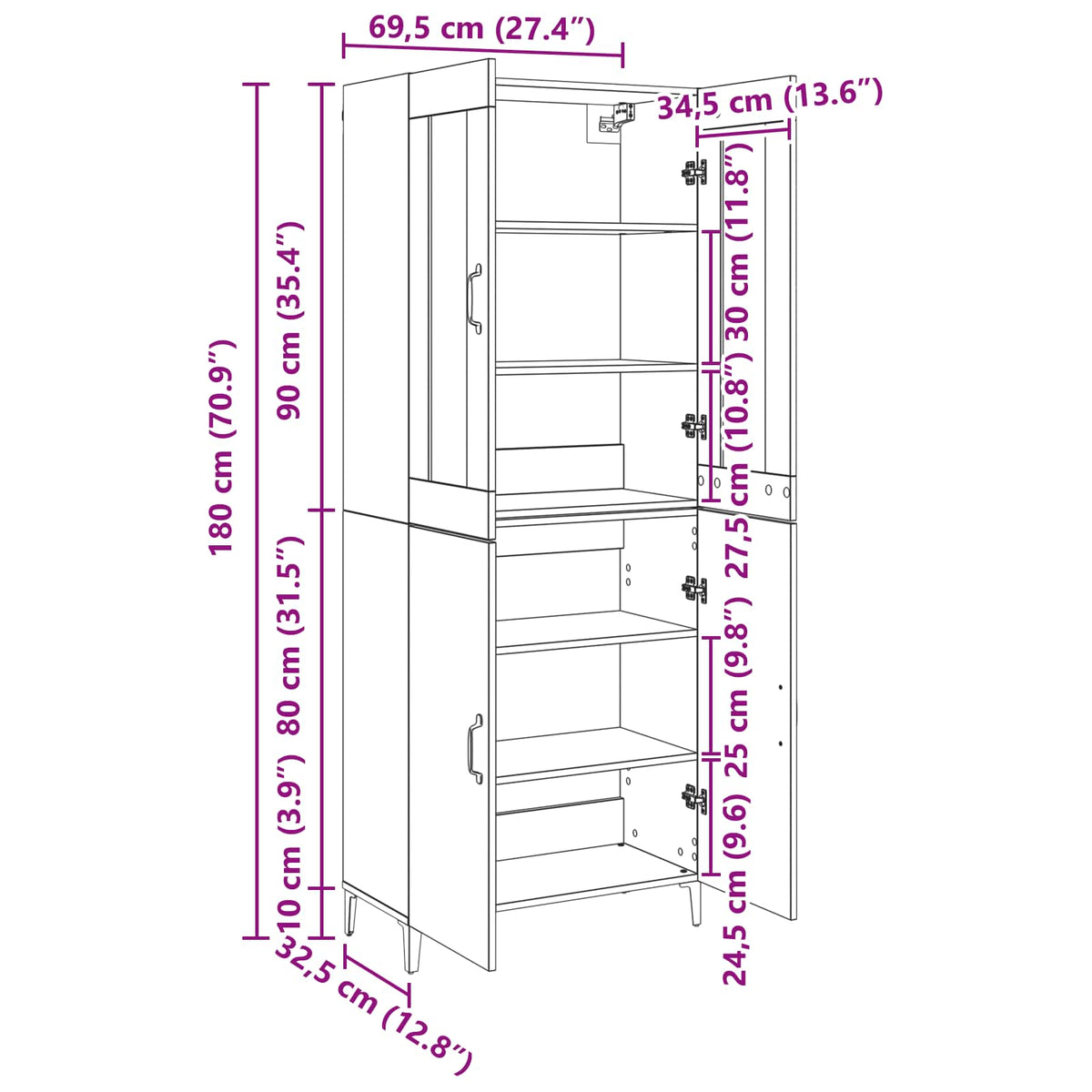 Haut Armoire 2 pc Bois ancien 69,5 x 34 x 180 cm