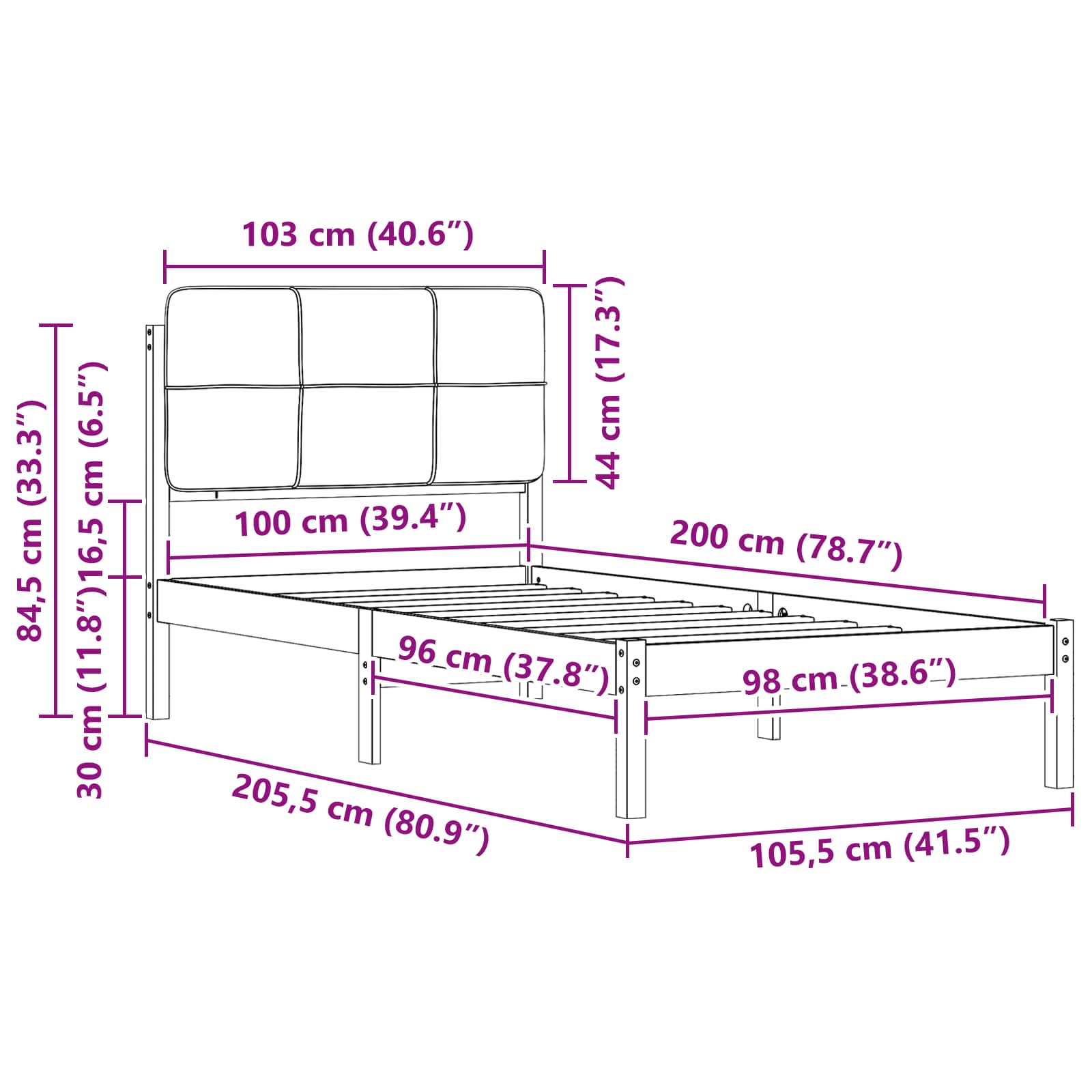 Cadre de lit avec tête de lit rembourrée Taupe 100 x 200 cm - XIOS