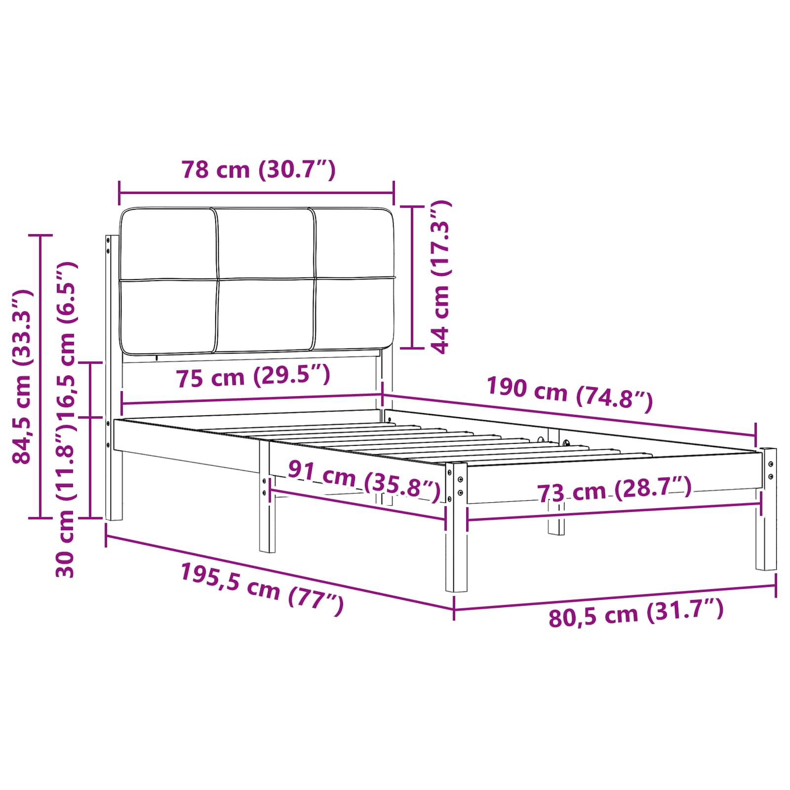Cadre de lit avec tête de lit rembourrée Taupe 75 x 190 cm - XIOS