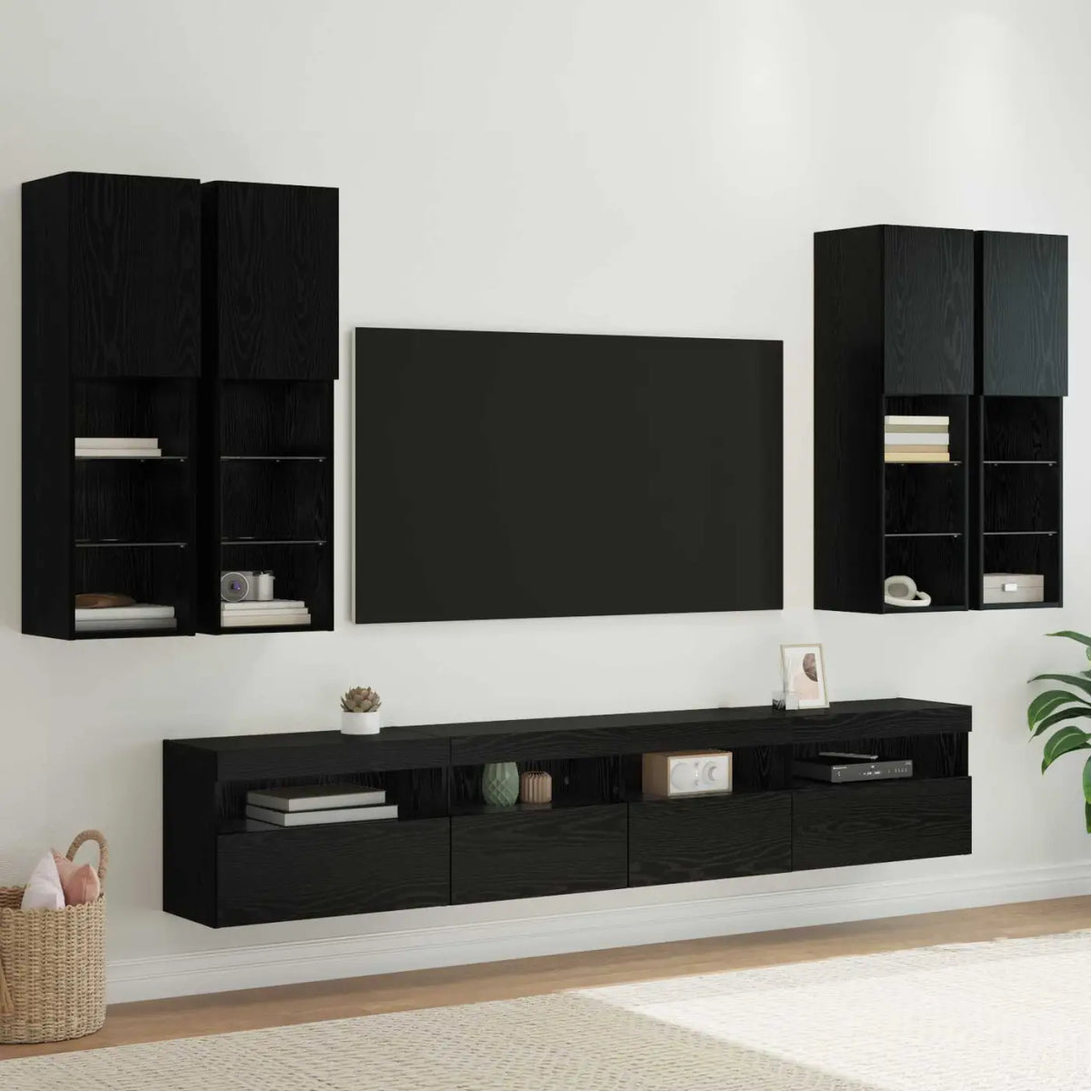 Ensemble de meuble TV mural avec éclairage LED 7 pc Chêne noir - XIOS