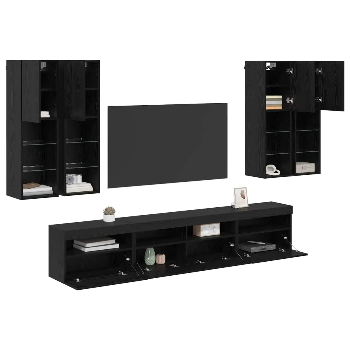 Ensemble de meuble TV mural avec éclairage LED 7 pc Chêne noir - XIOS