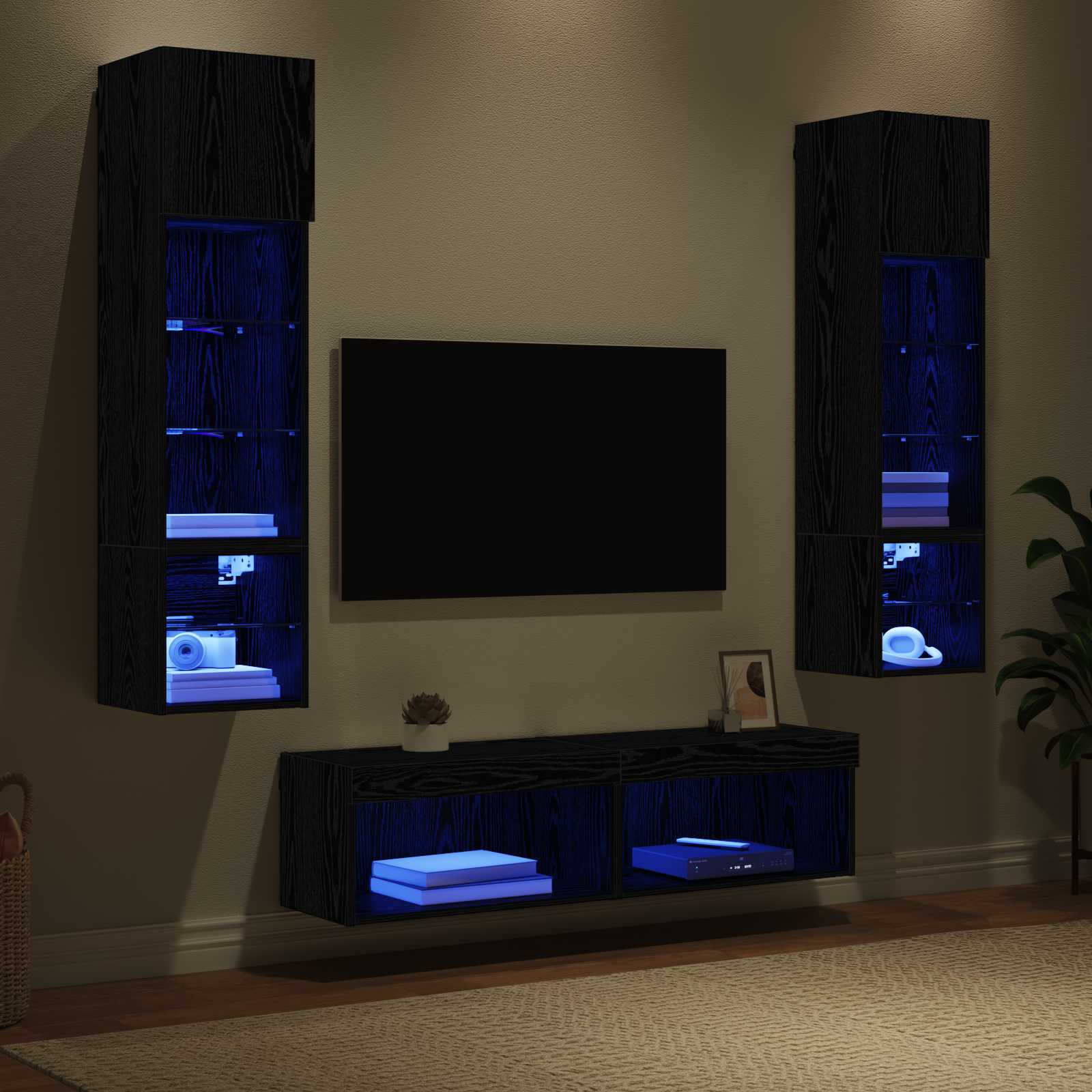 Unité murale de TV 6 pcs Chêne noir Bois d'ingénierie - XIOS