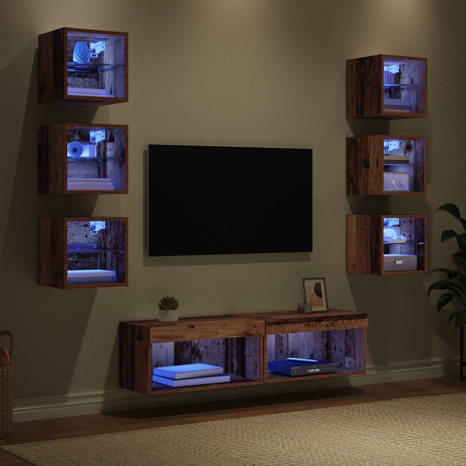Meuble TV avec des lumières à LED 8 pcs Bois Ancien Verre - XIOS