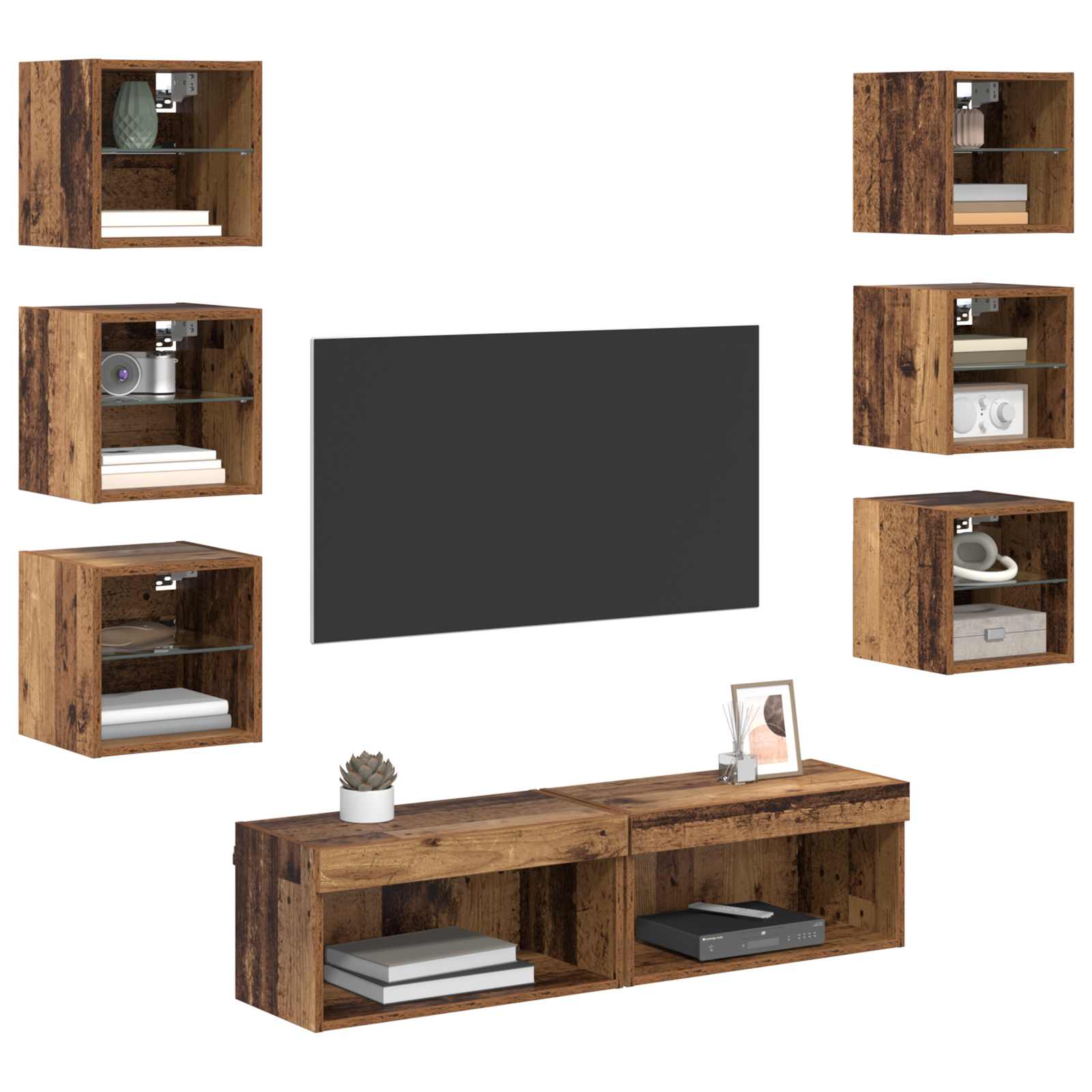 Meuble TV avec des lumières à LED 8 pcs Bois Ancien Verre - XIOS