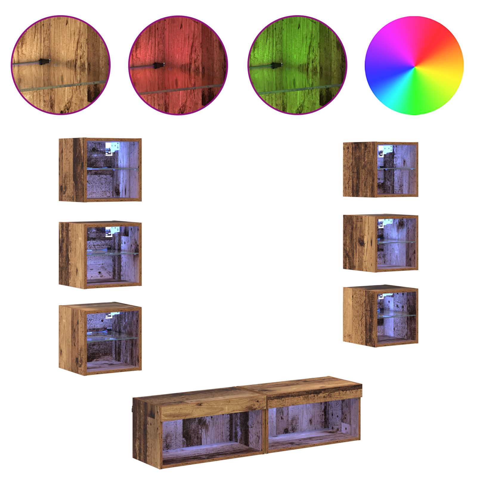 Meuble TV avec des lumières à LED 8 pcs Bois Ancien Verre - XIOS