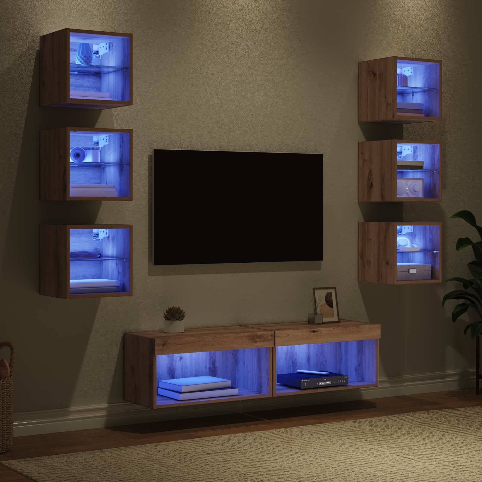 Meuble TV avec des lumières à LED 8 pcs Chêne artisanal Verre - XIOS