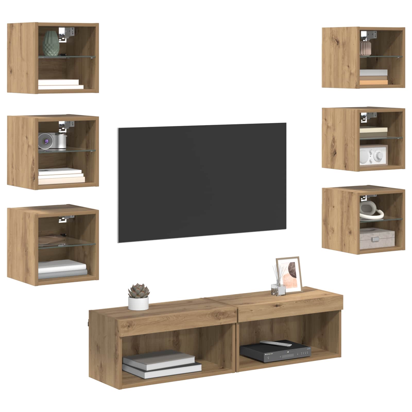 Meuble TV avec des lumières à LED 8 pcs Chêne artisanal Verre - XIOS
