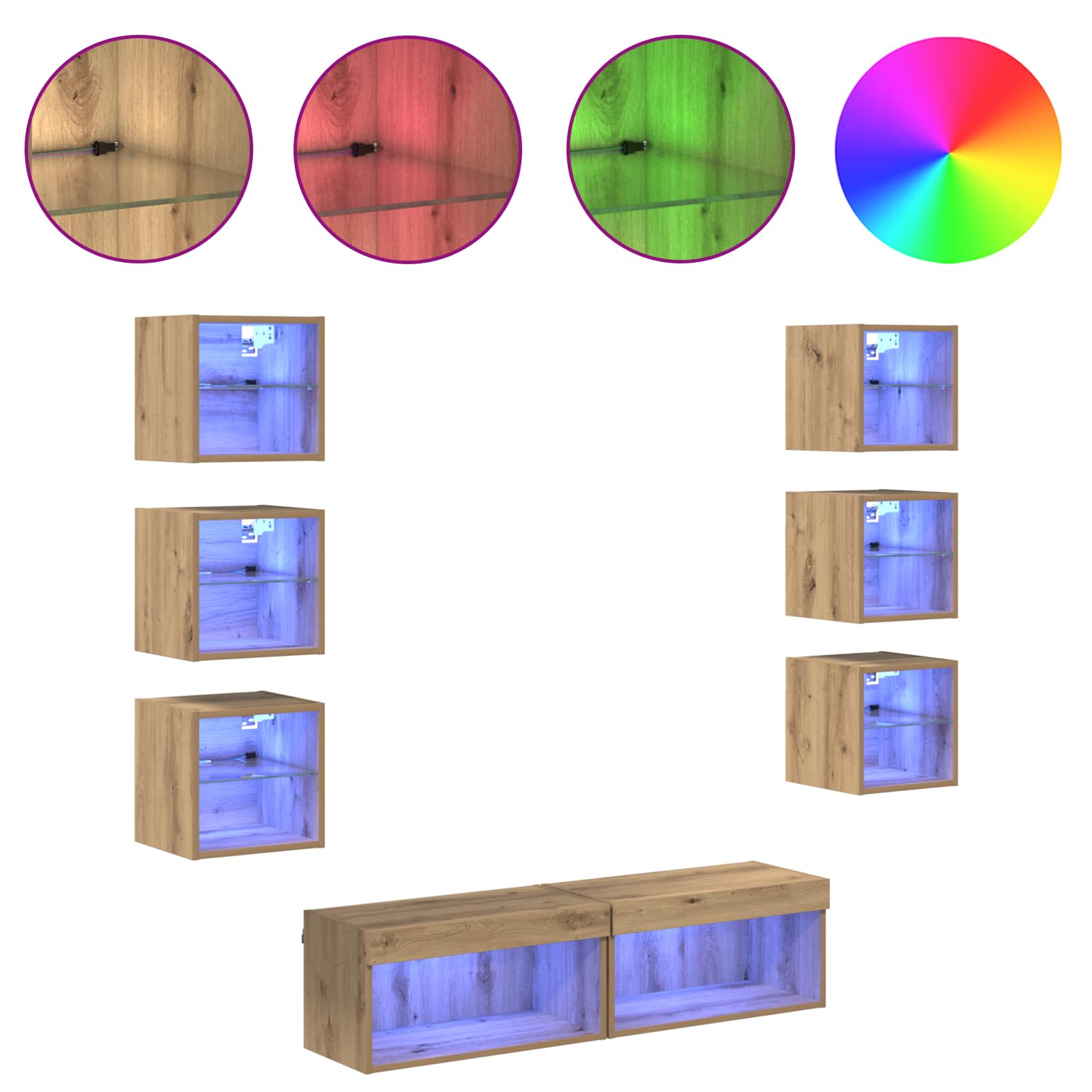 Meuble TV avec des lumières à LED 8 pcs Chêne artisanal Verre - XIOS