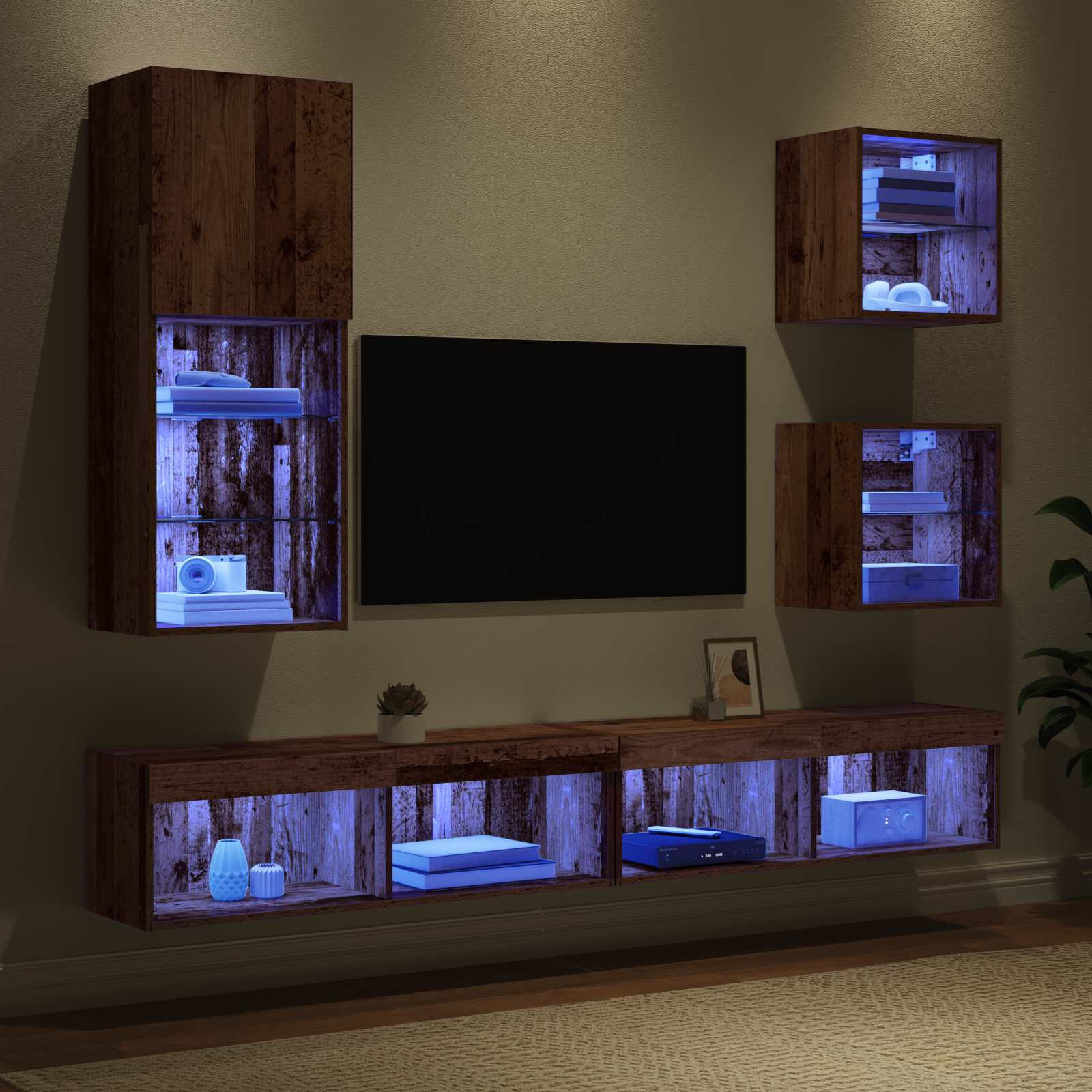 Unités murales TV avec LED 5 pcs Bois Ancien Bois d'ingénierie - XIOS