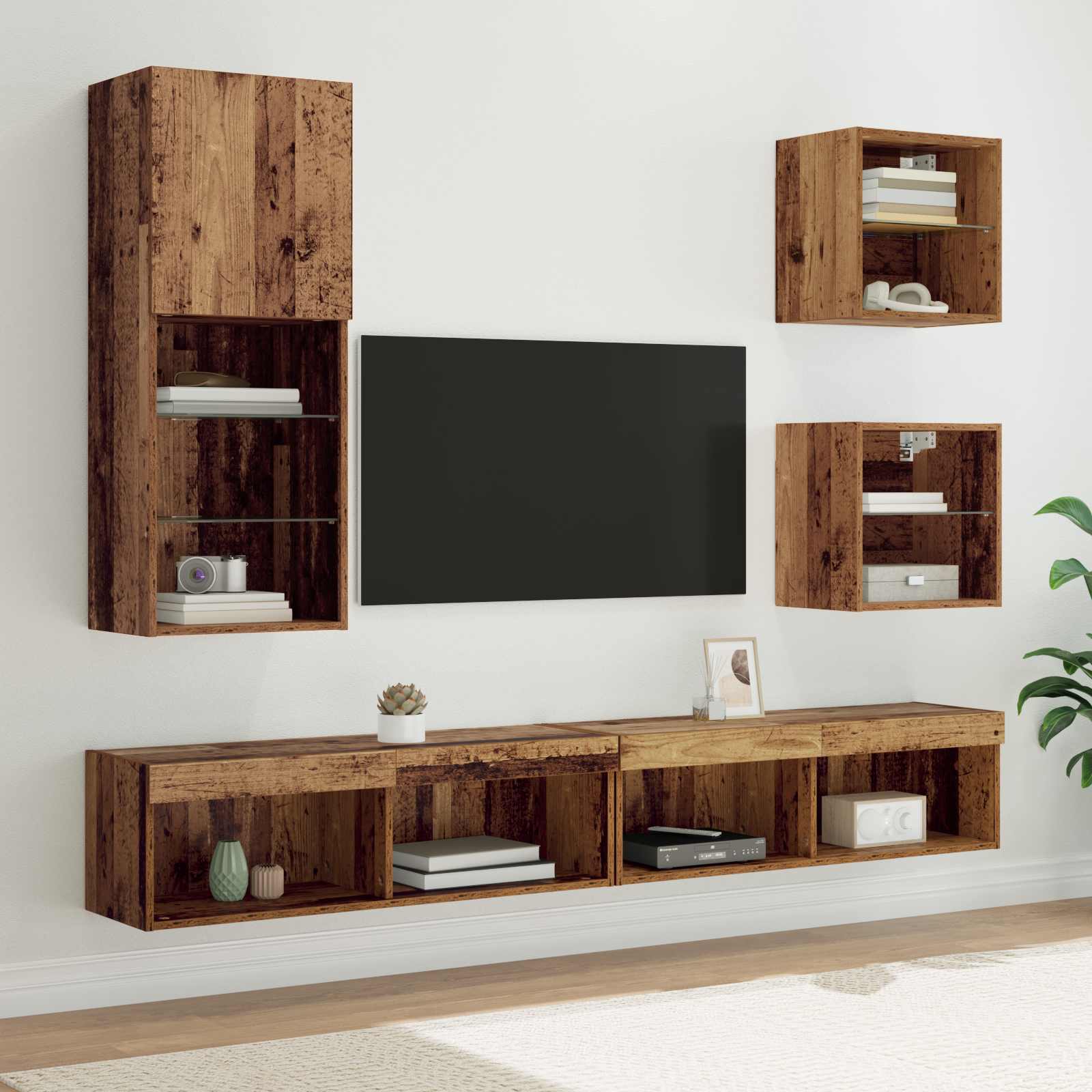 Unités murales TV avec LED 5 pcs Bois Ancien Bois d'ingénierie - XIOS
