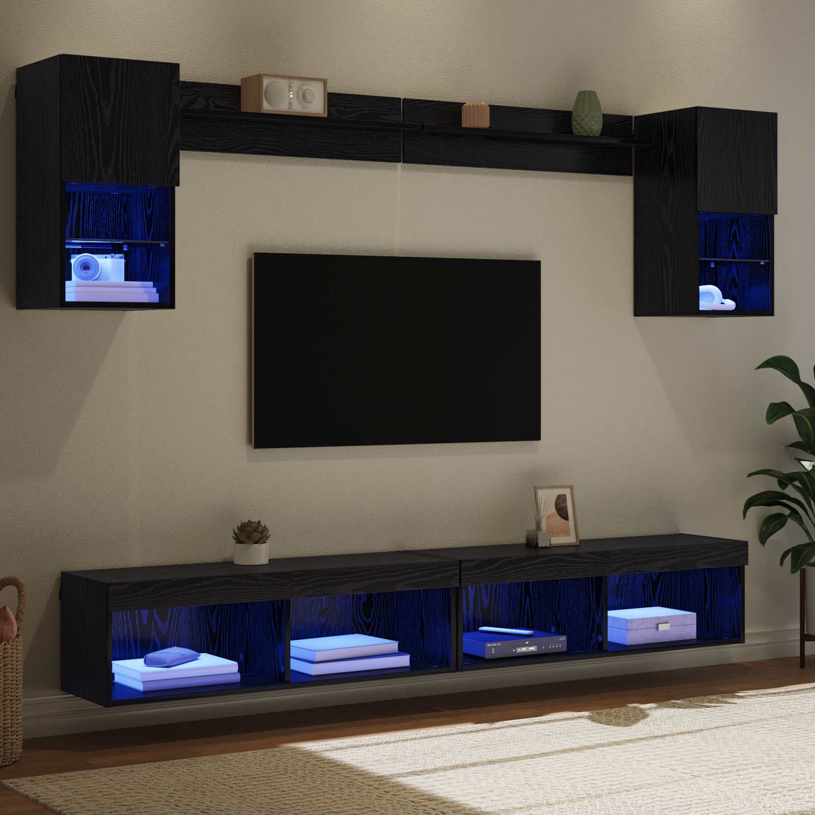 Unités murales TV avec LED 6 pcs Chêne noir Bois d'ingénierie - XIOS