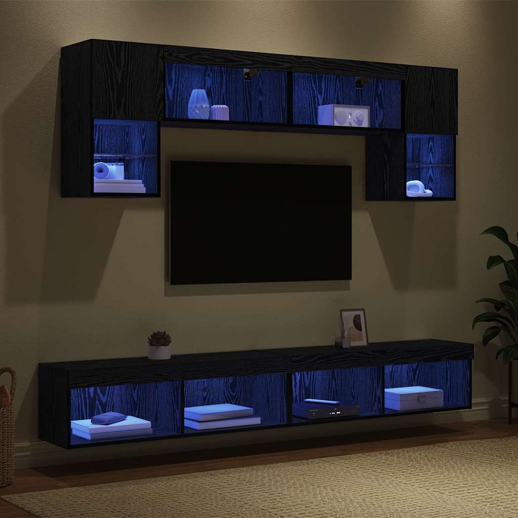 Unités murales TV avec LED 6 pcs Chêne noir Bois d'ingénierie - XIOS