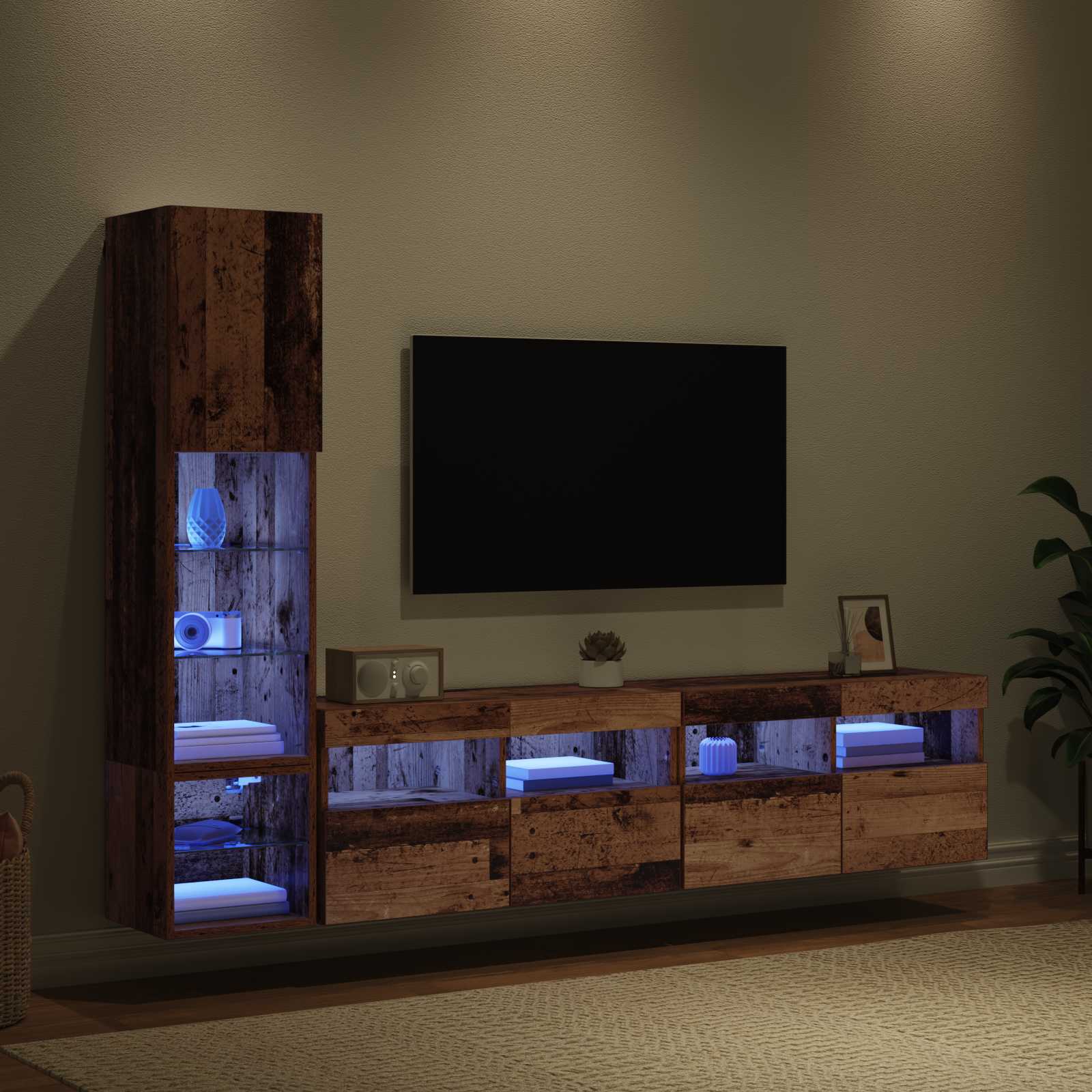 Unité murale de TV avec LED 4 pcs Bois ancien Bois d'ingénierie - XIOS