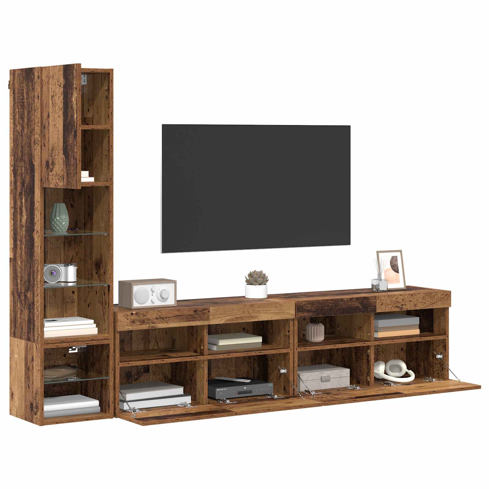 Unité murale de TV avec LED 4 pcs Bois ancien Bois d'ingénierie - XIOS