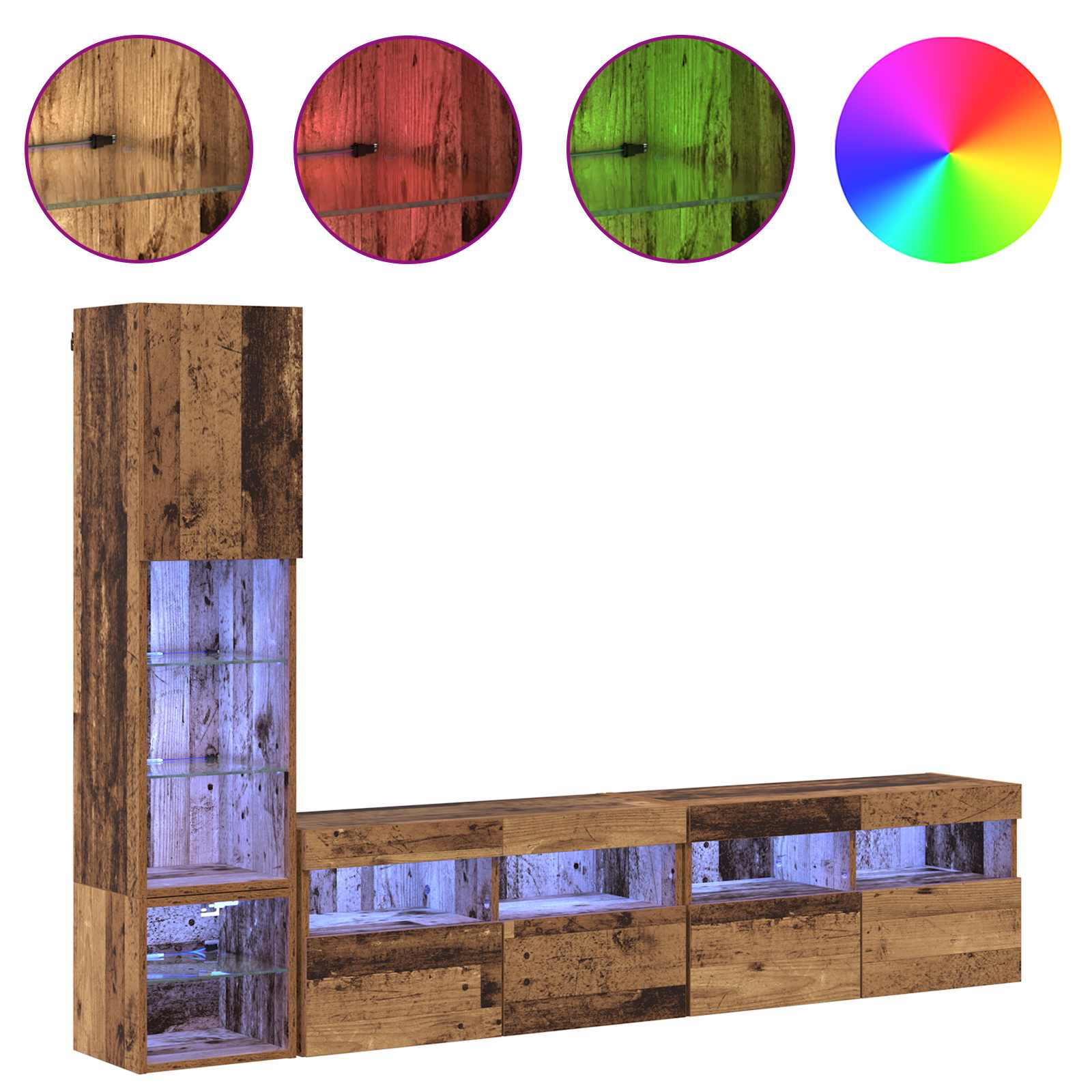 Unité murale de TV avec LED 4 pcs Bois ancien Bois d'ingénierie - XIOS