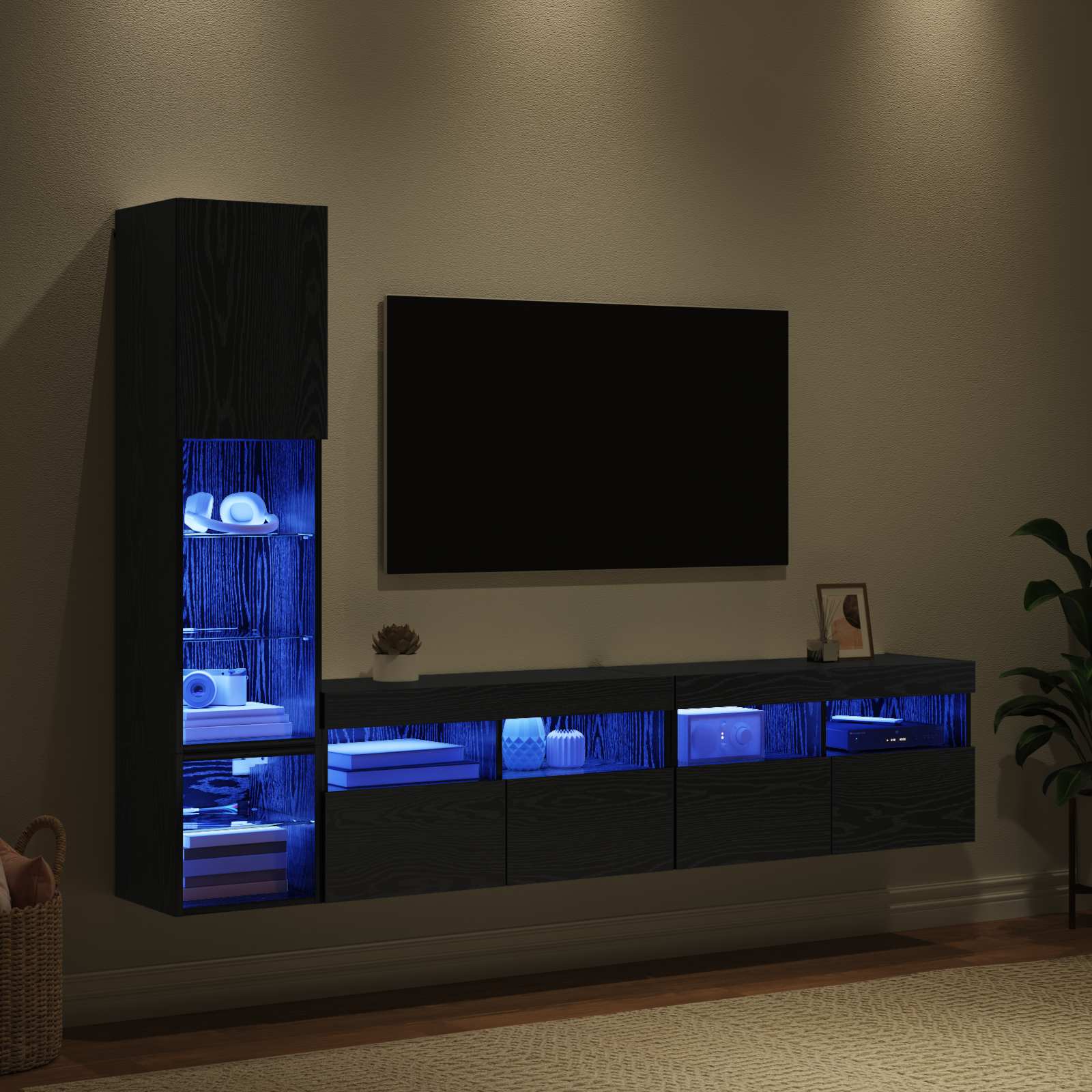 Unité murale de TV avec LED 4 pcs Chêne noir Bois d'ingénierie - XIOS