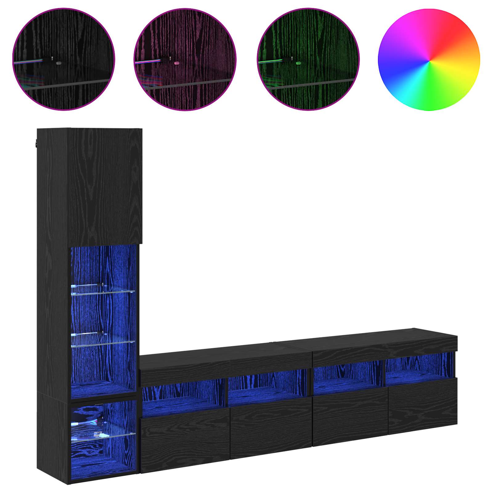 Unité murale de TV avec LED 4 pcs Chêne noir Bois d'ingénierie - XIOS