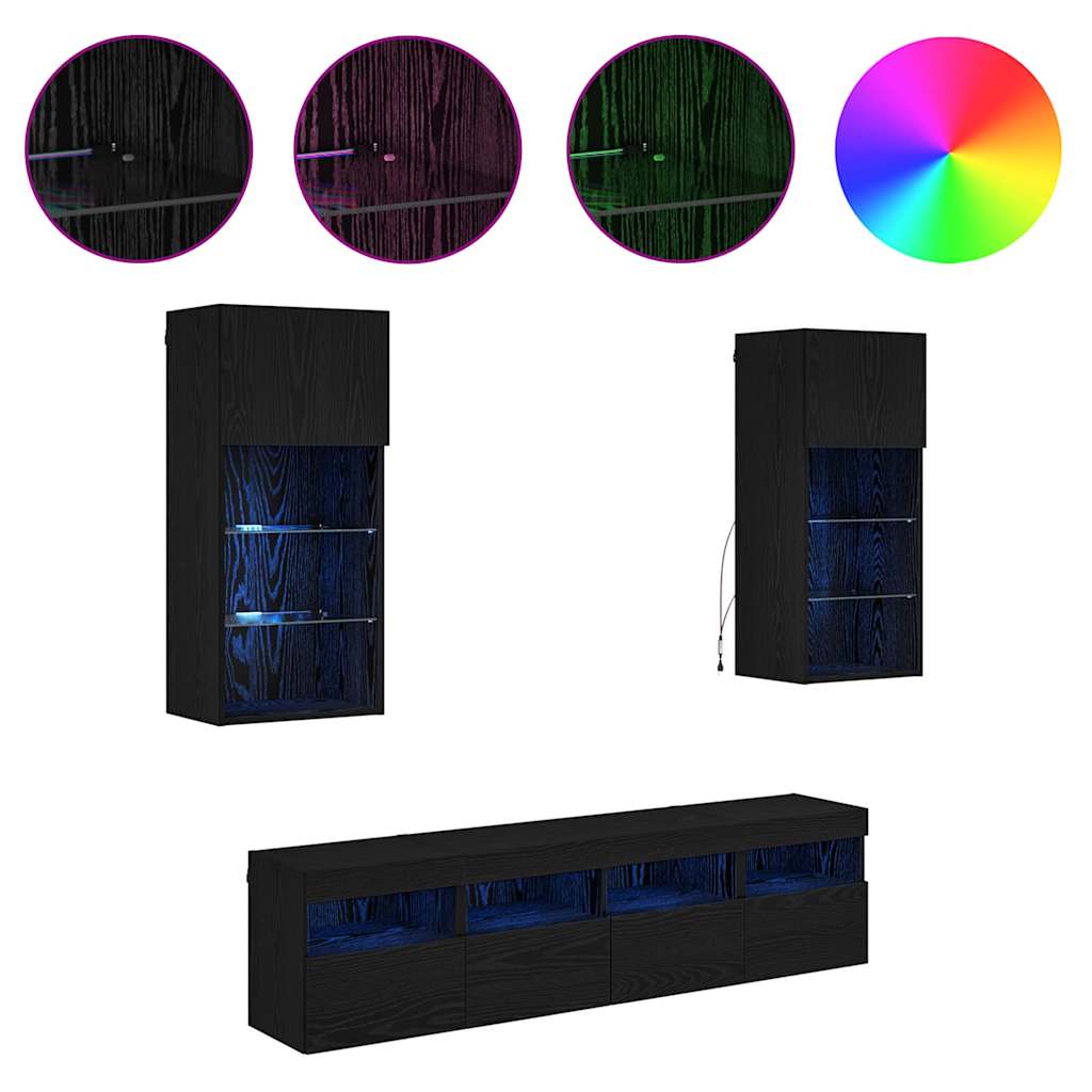 Unités murales TV avec LED 5 pcs Chêne noir 40,5 x 30 x 90 cm - XIOS