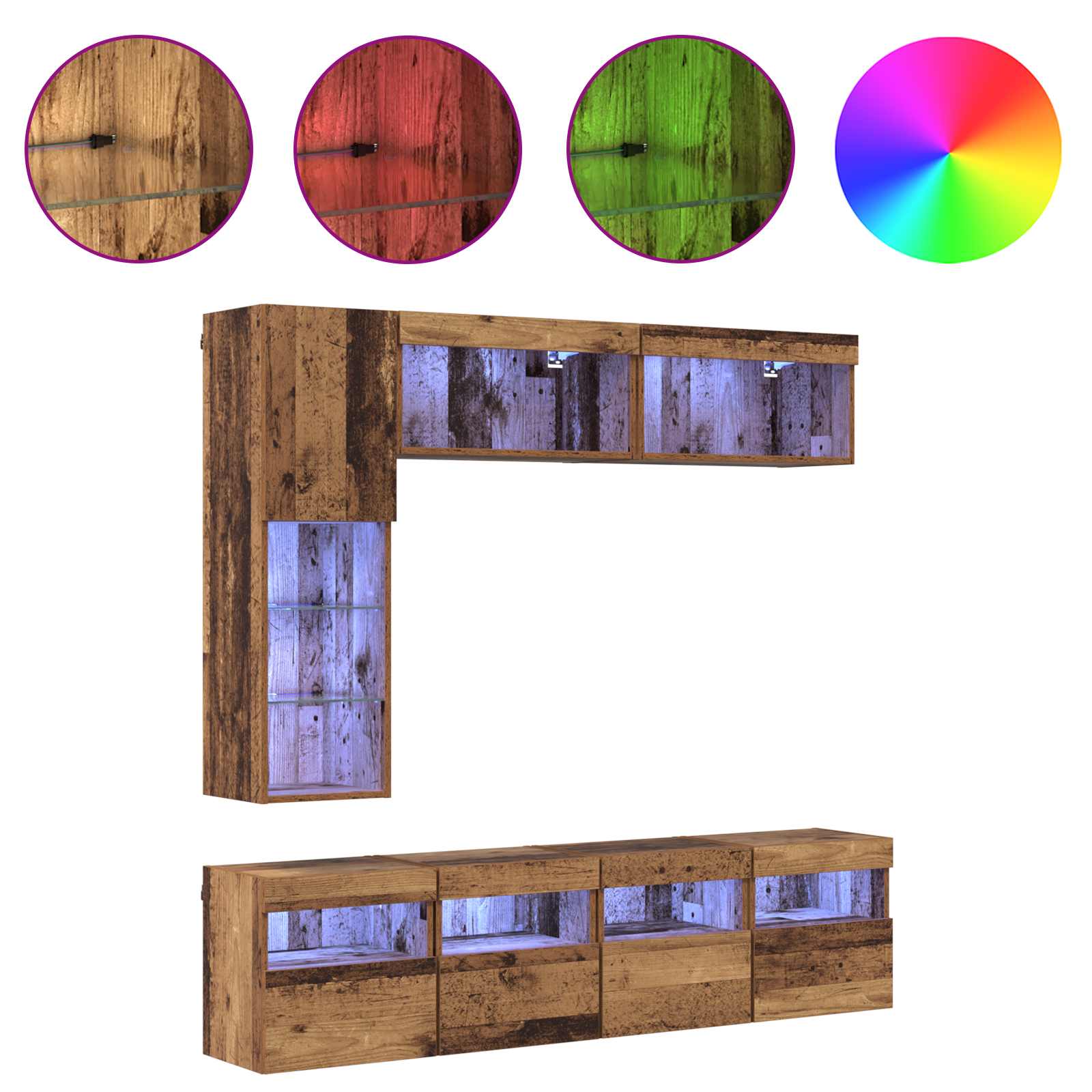 Meuble TV avec LED 7 pcs Bois ancien Bois d'ingénierie - XIOS