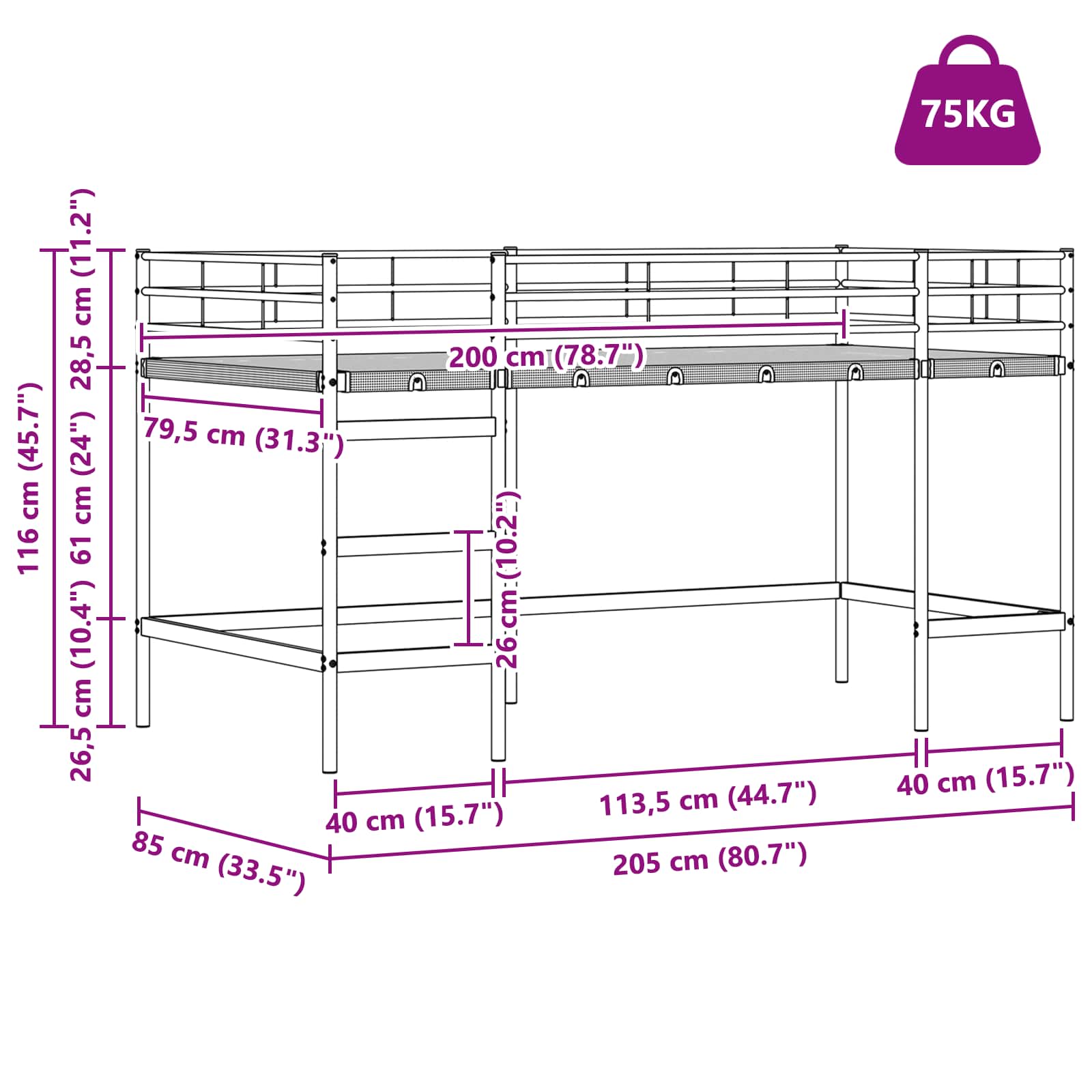 Lit mezzanine pour enfants Blanc 80 x 201 cm - XIOS