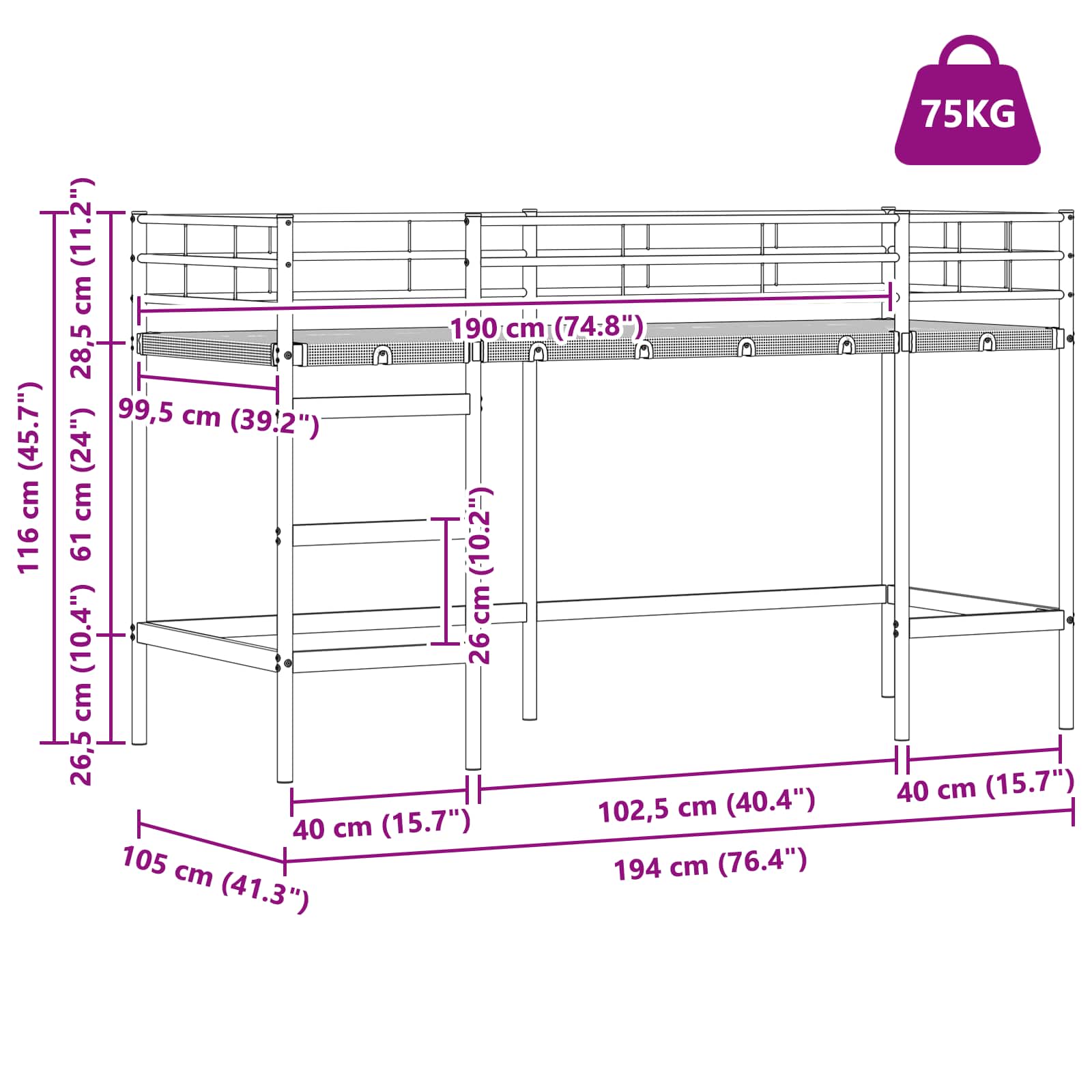 Lit mezzanine pour enfants Blanc 100 x 190 cm - XIOS